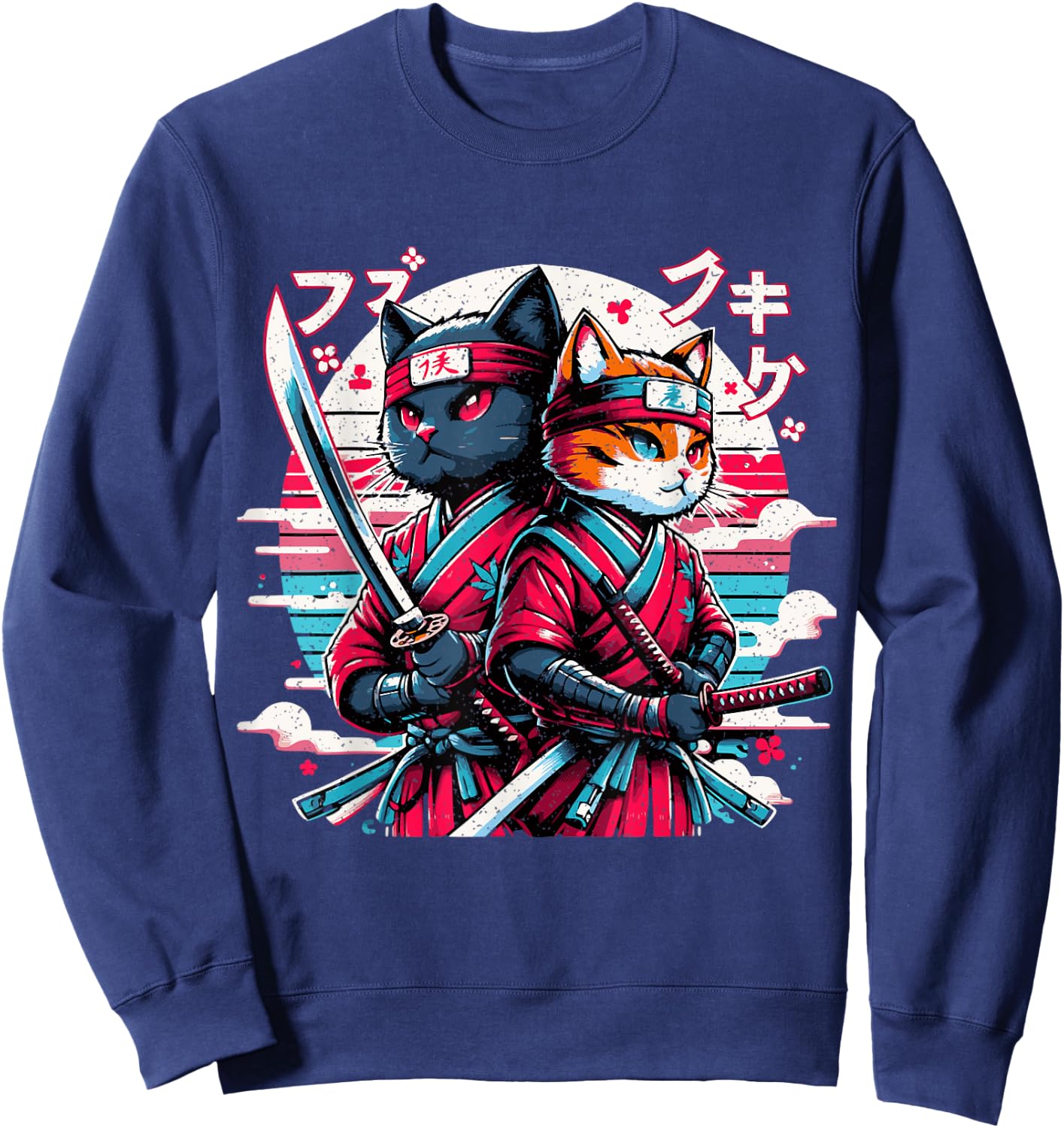 Cute Ninja Cat Couple Japanese Anime Samurai Katana Cats Women Girls Kids Sweatshirt - Sweatshirt | Navy