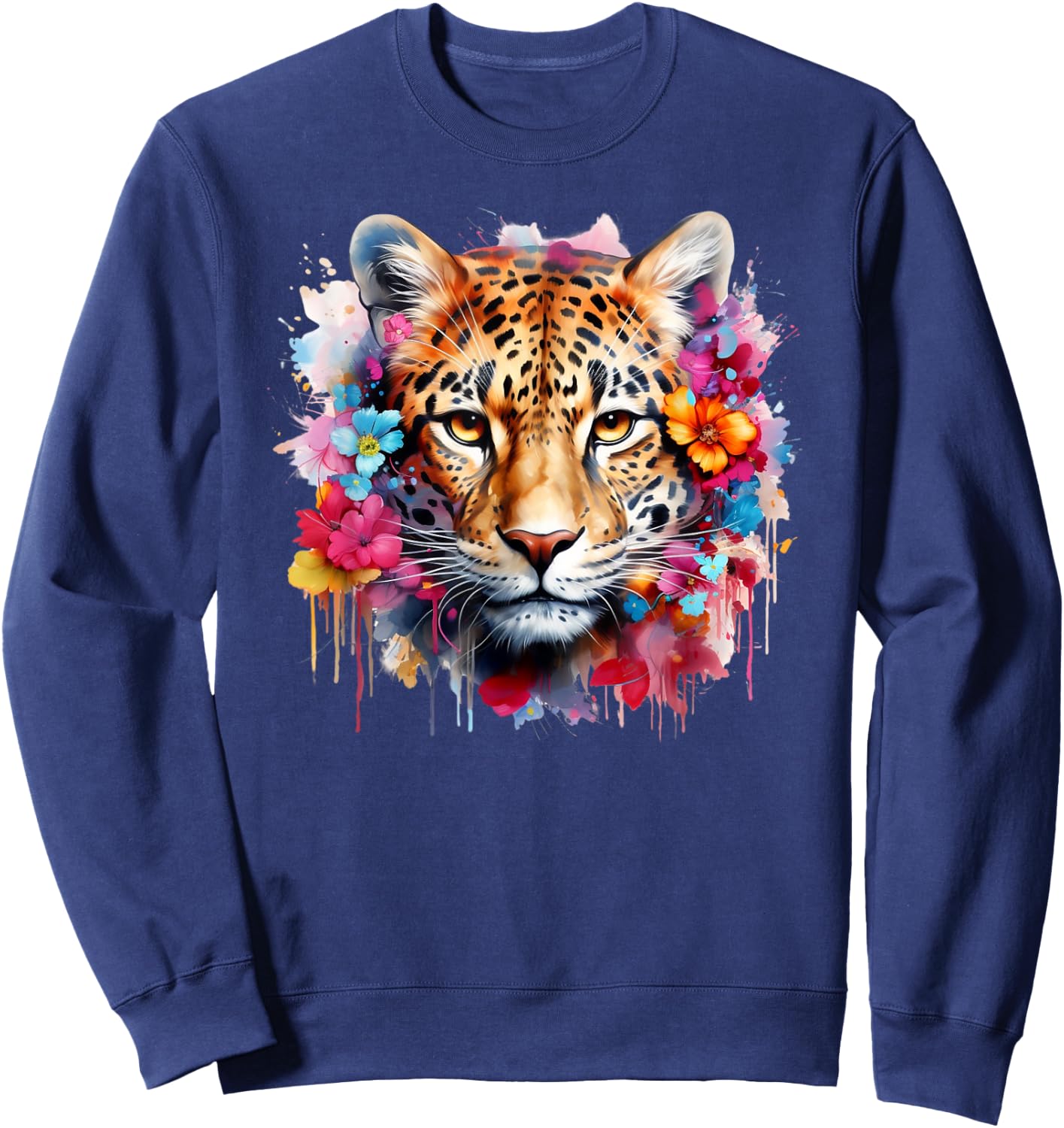 Colorful Leopard Portrait Flowers Floral Leopard Watercolor Sweatshirt - Sweatshirt | Navy