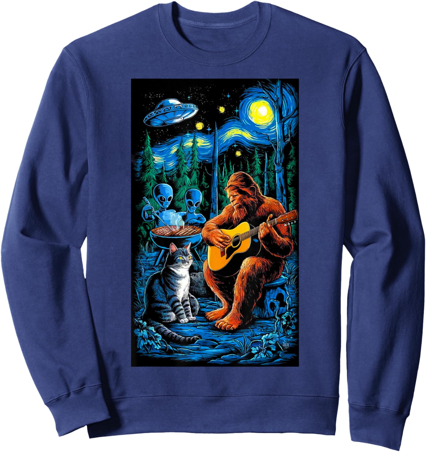 Funny Cat UFO Alien Bigfoot Sasquatch Camping Playing Guitar Sweatshirt - Sweatshirt | Navy