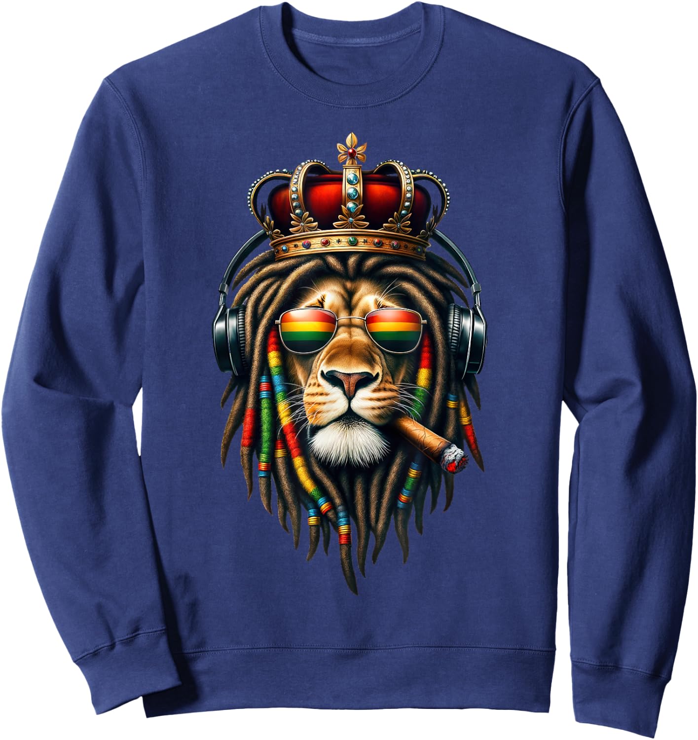 King Rasta Reggae Rastafarian Music Headphones Lion of Judah Sweatshirt - Sweatshirt | Navy