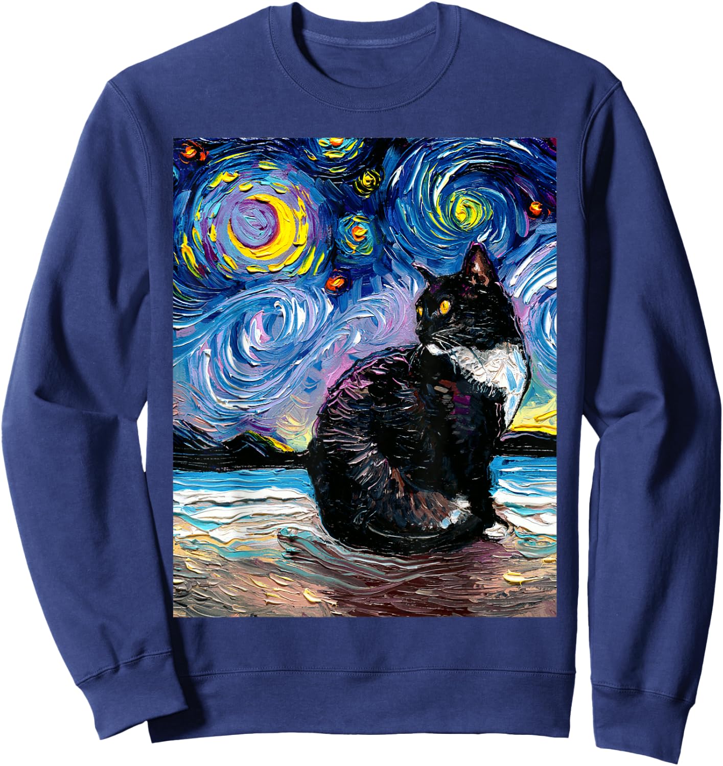 Tuxedo Cat on Beach Starry Night Impressionist Kitty Artwork Sweatshirt - Sweatshirt | Navy