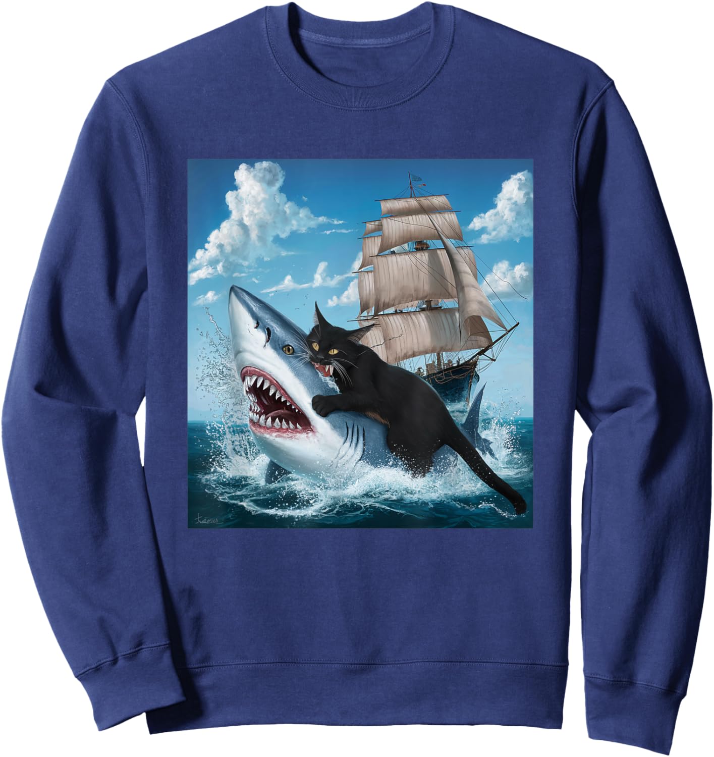 Cat Biting Shark Humorous Playful Funny Black Cat Bit Shark Women Kids Sweatshirt - Sweatshirt | Navy