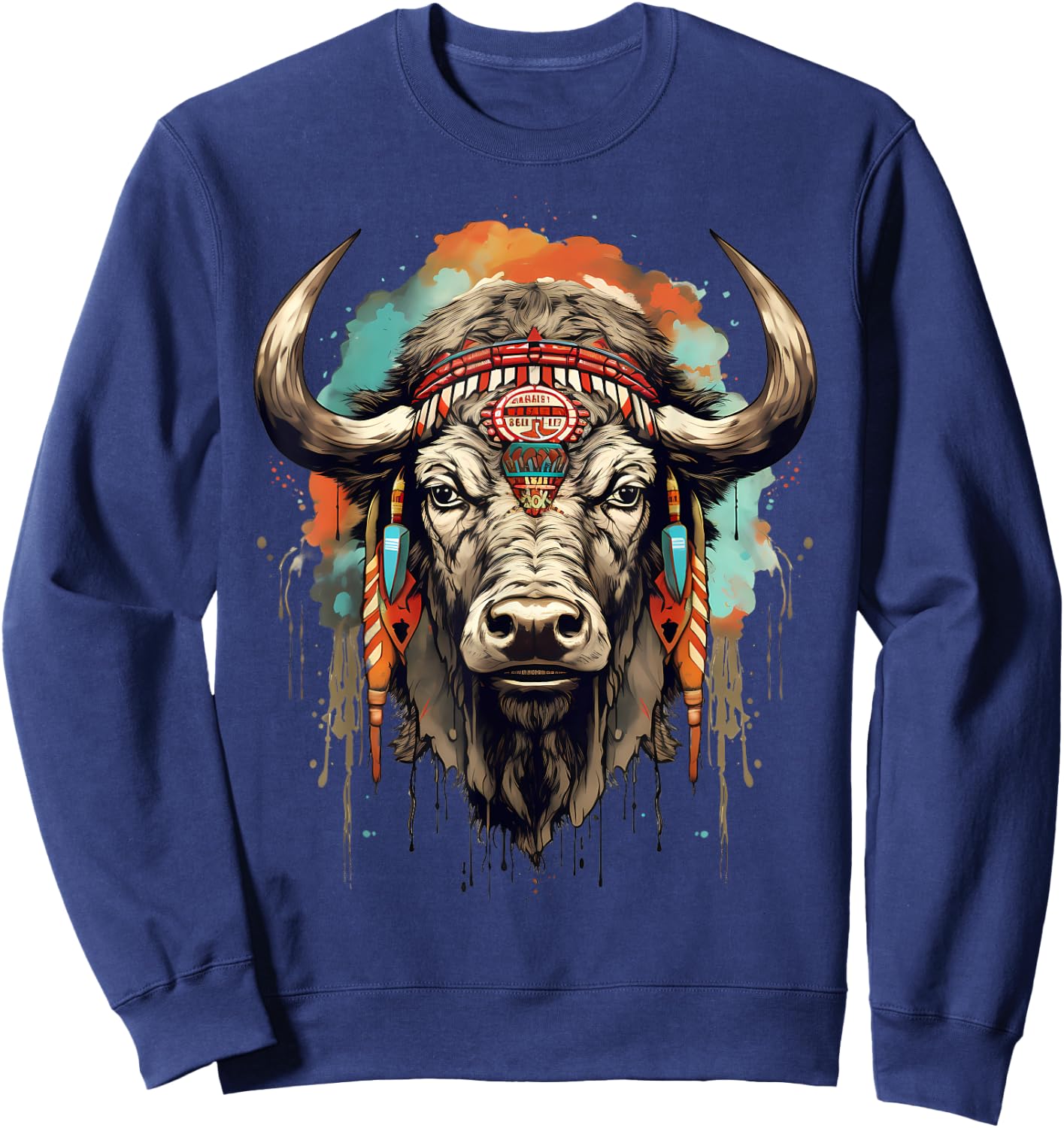 Buffalo Indian Artwork Wildlife Safari Nature Bison Portrait Sweatshirt - Sweatshirt | Navy