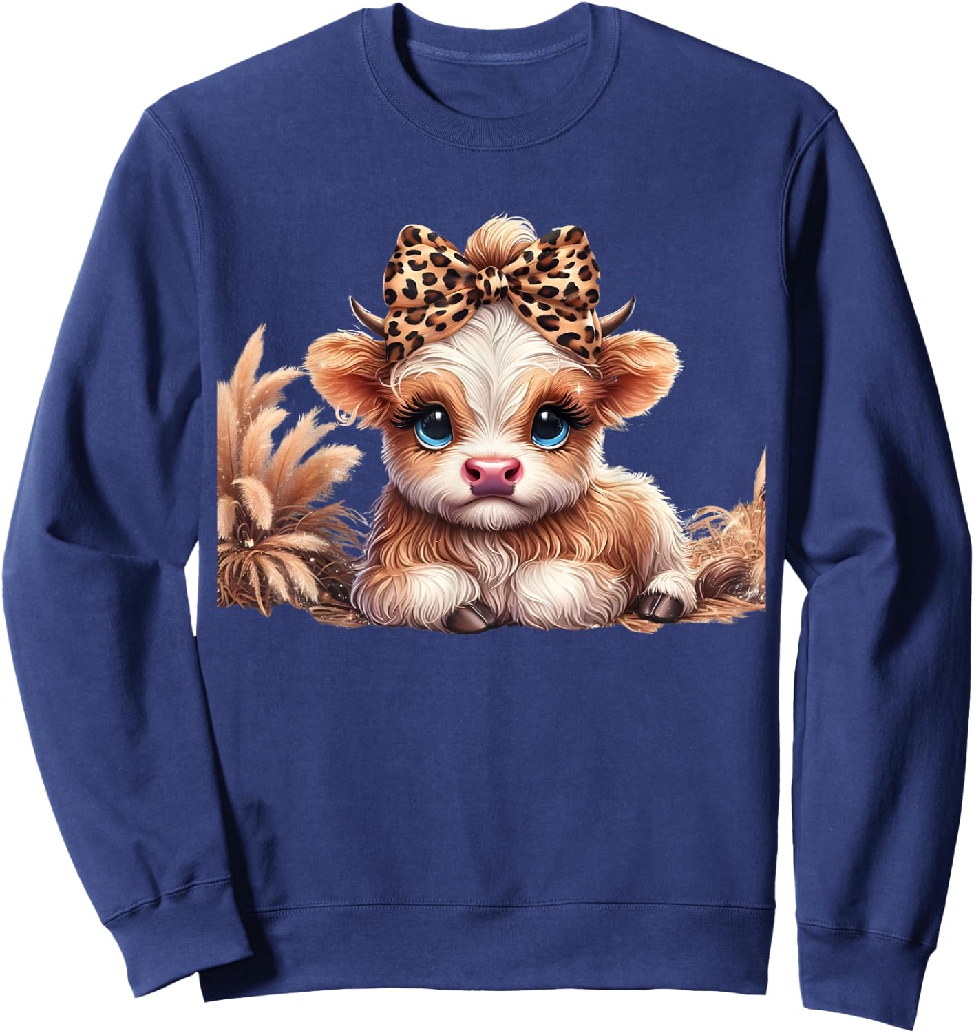 Cute Baby Highland Cow With flowers Calf Animal Leopard Sweatshirt - Sweatshirt | Navy