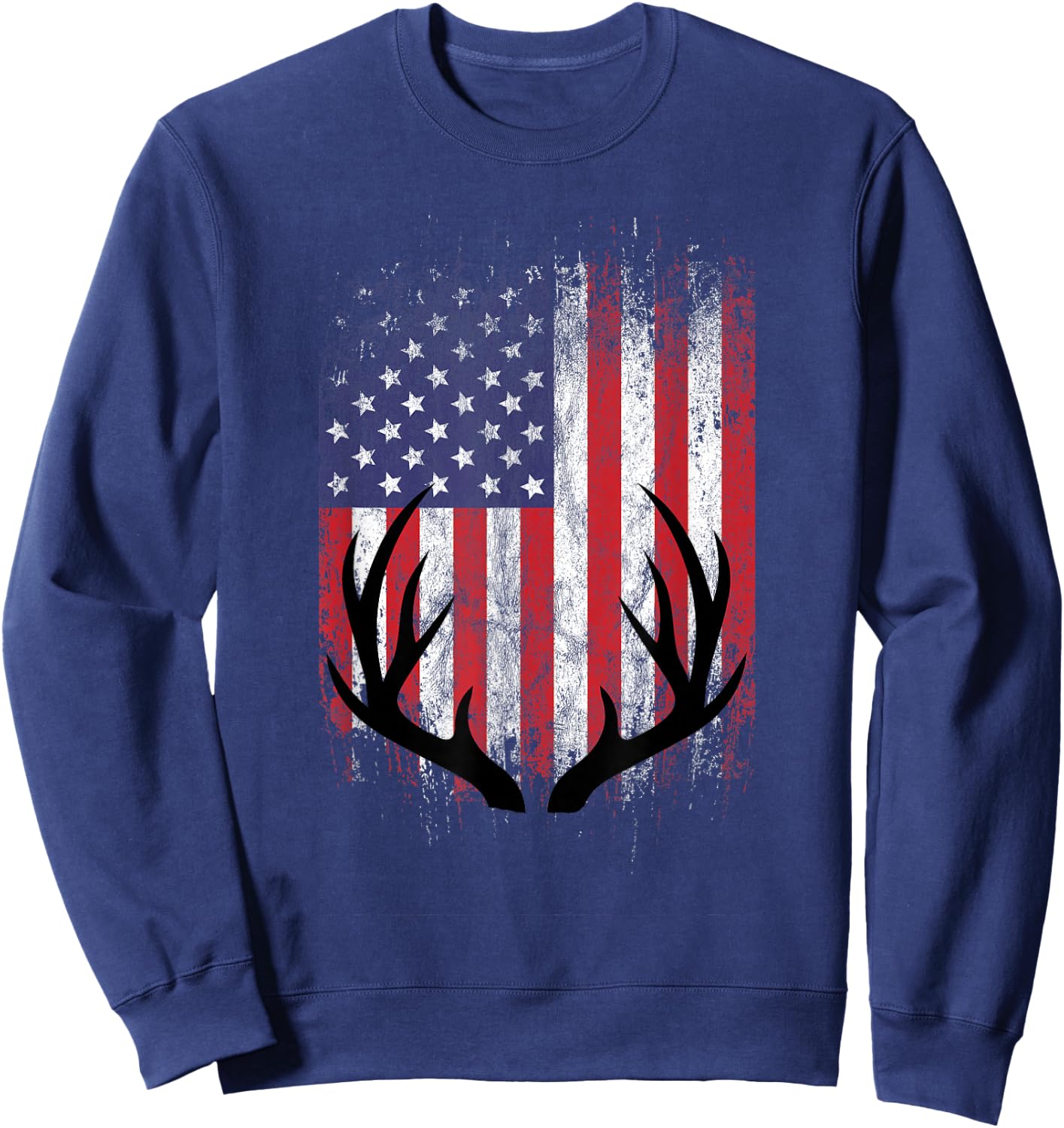 Deer Hunting American Flag Whitetail Buck Antlers Short Sleeve Sweatshirt - Sweatshirt | Navy