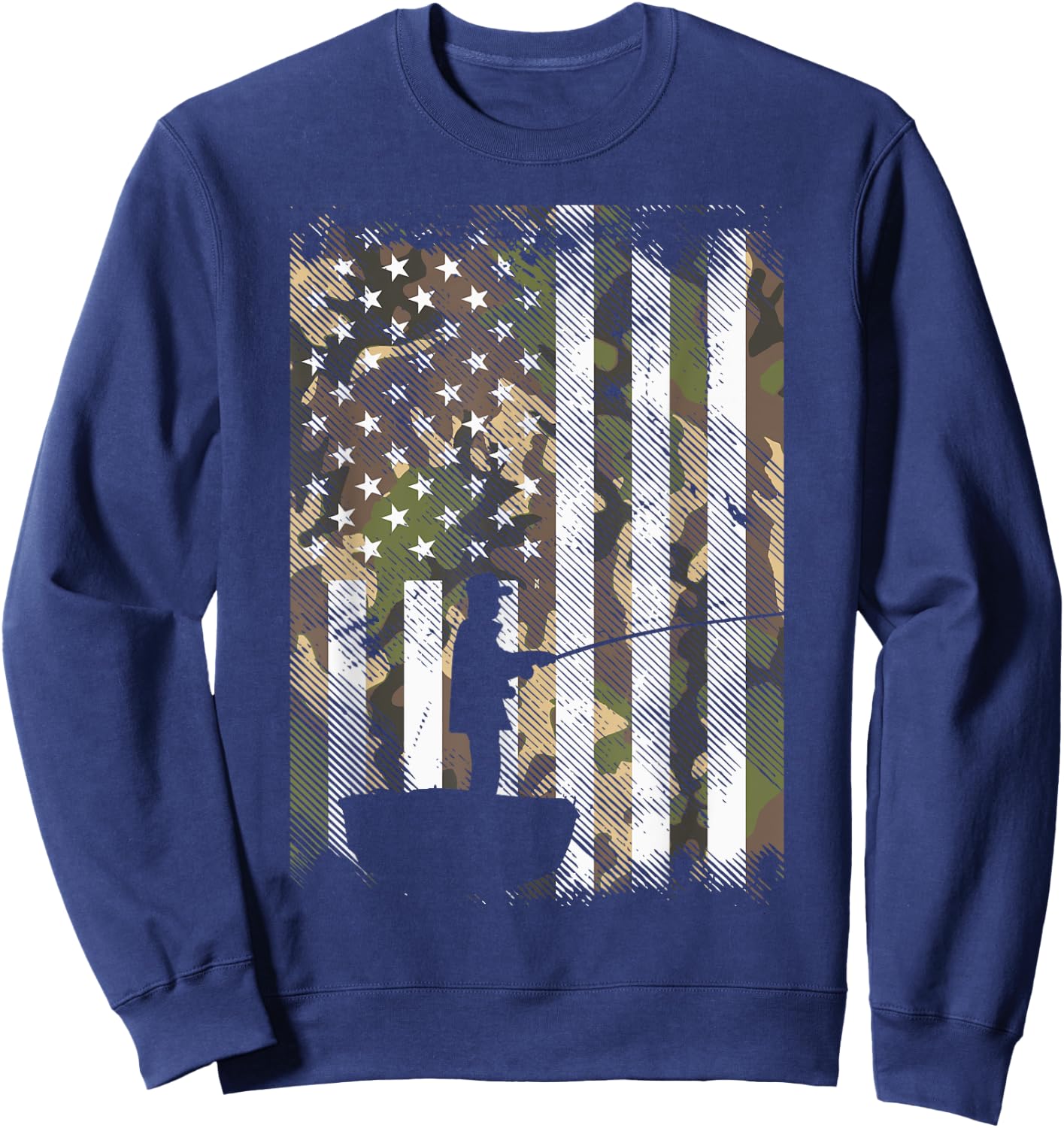 BoredKoalas Camo US Flag Fisherman Vintage Fishing Patriotic Angler Gift - Adult, Black, Small, Short Sleeve, Classic Fit Sweatshirt - Sweatshirt | Navy
