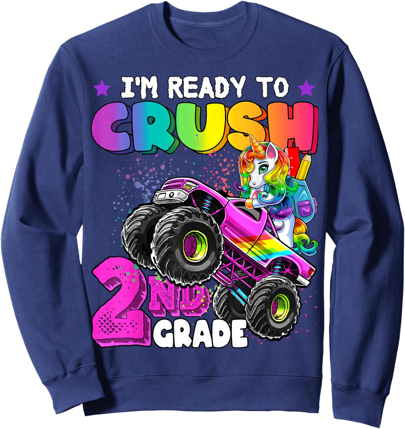 2nd Grade Unicorn Monster Truck Back to School Gift Girls Sweatshirt - Sweatshirt | Navy