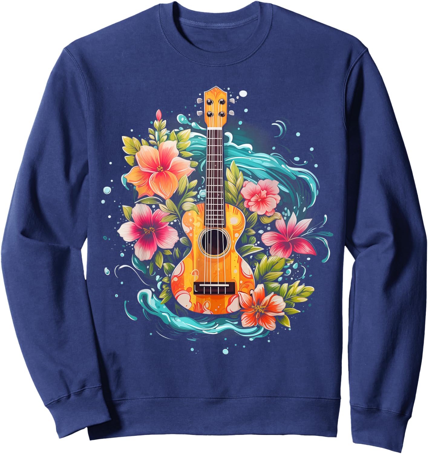 Ukulele Hawaiian Hibiscus Flowers Guitar Hawaii Surfer Uke Sweatshirt - Sweatshirt | Navy