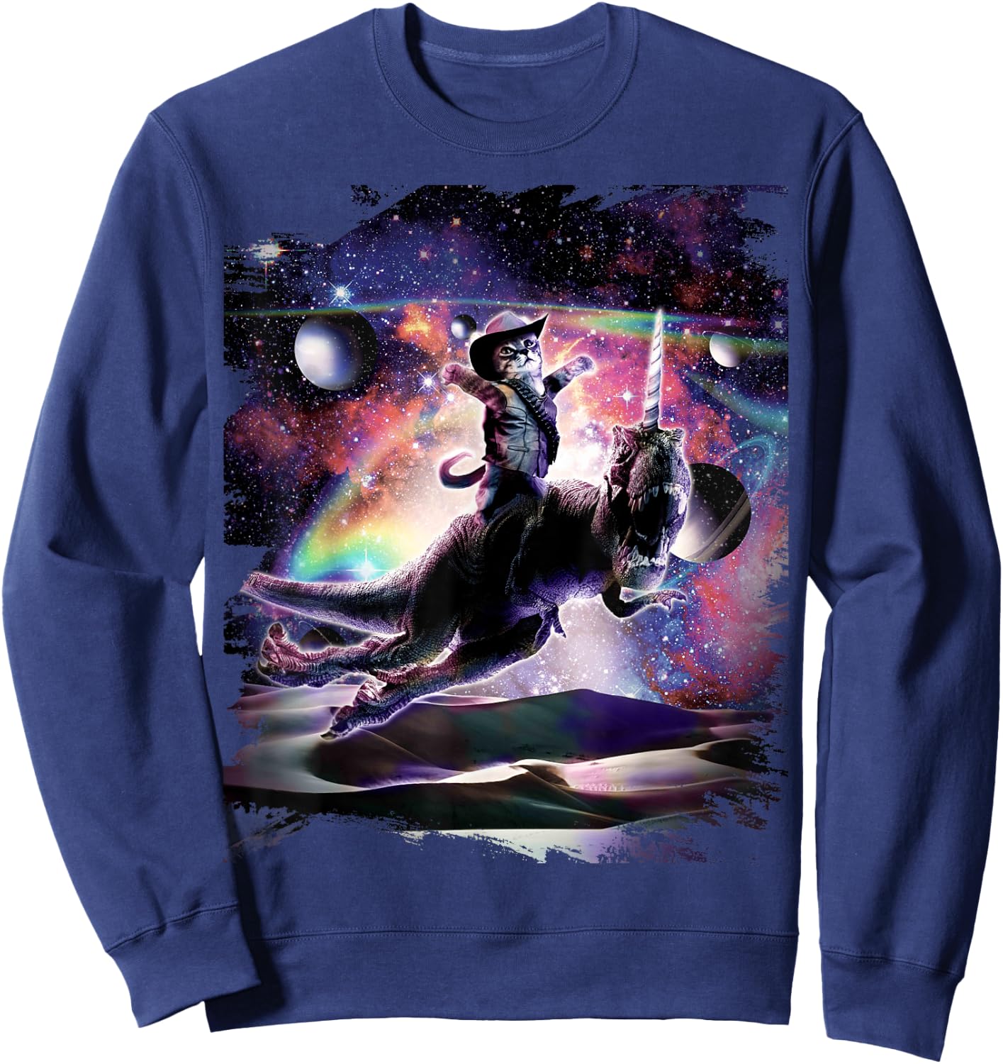 Galaxy Cat On Dinosaur Unicorn In Space Sweatshirt - Sweatshirt | Navy