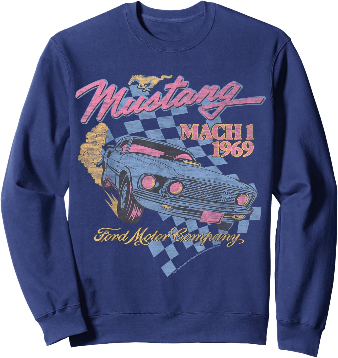 Ford - Blue Mustang Mach 1 1969 Checkered Background Sweatshirt - Sweatshirt | Navy