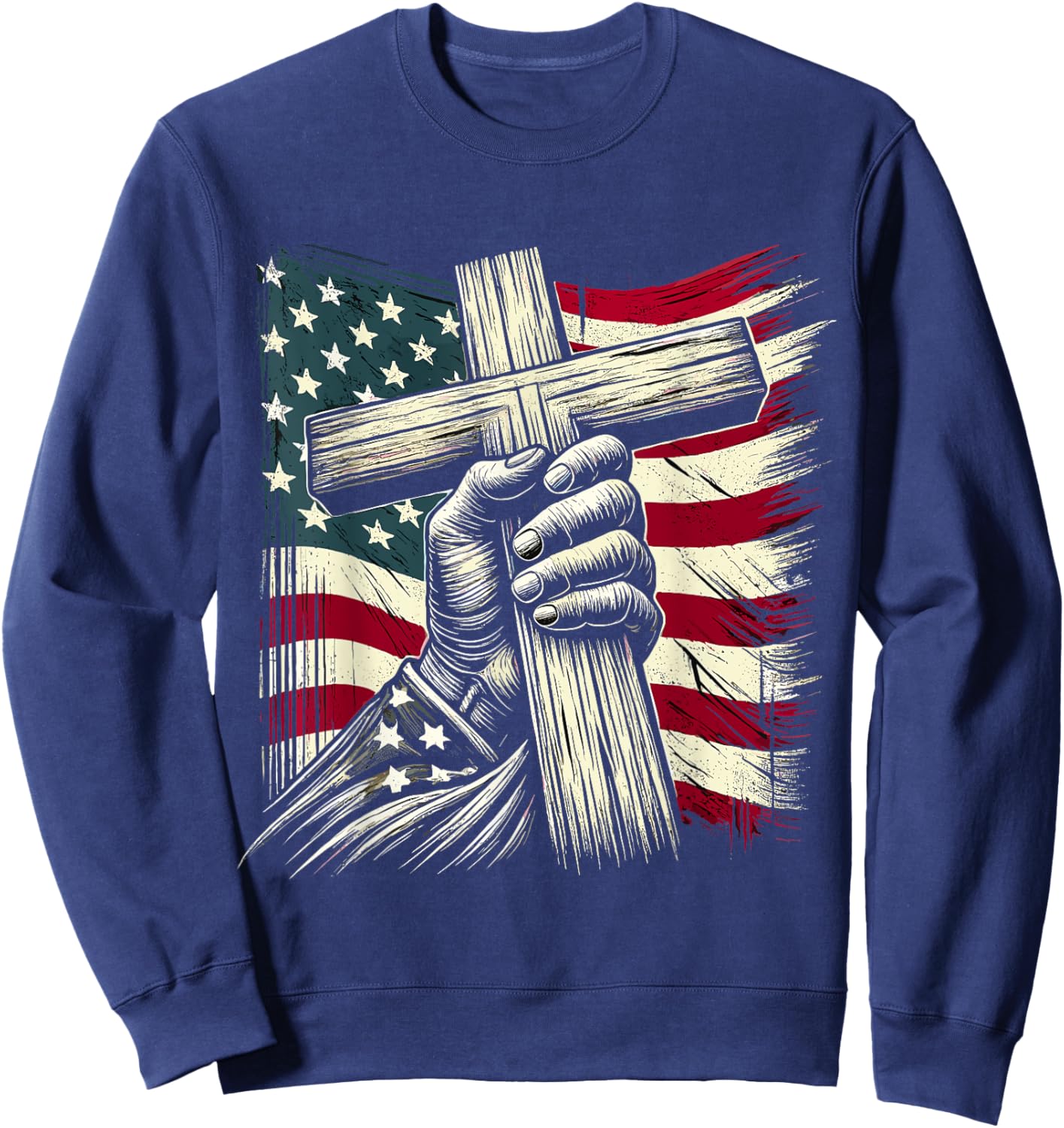Christian Cross and USA Flag 4th of July Jesus Sweatshirt - Sweatshirt | Navy