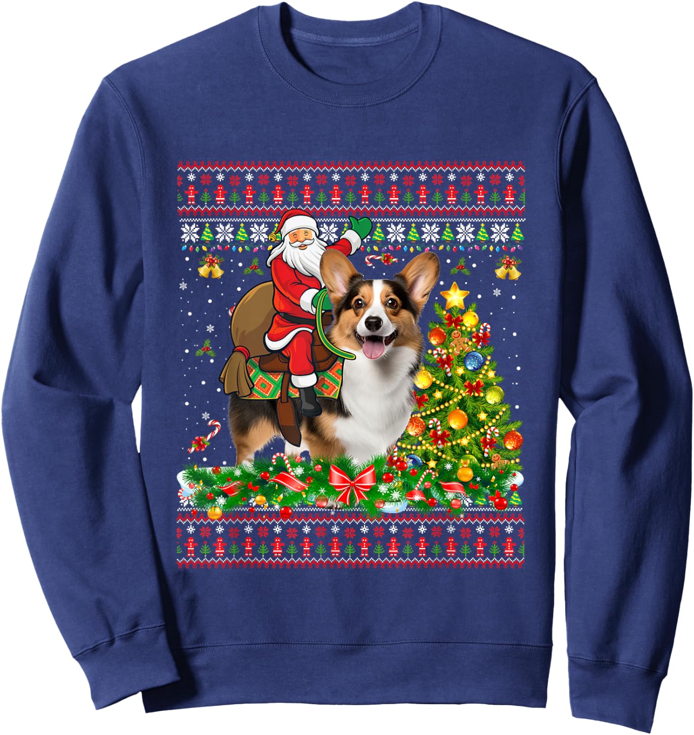 Xmas Sweater Ugly Santa Riding Corgi Dog Christmas Sweatshirt - Sweatshirt | Navy