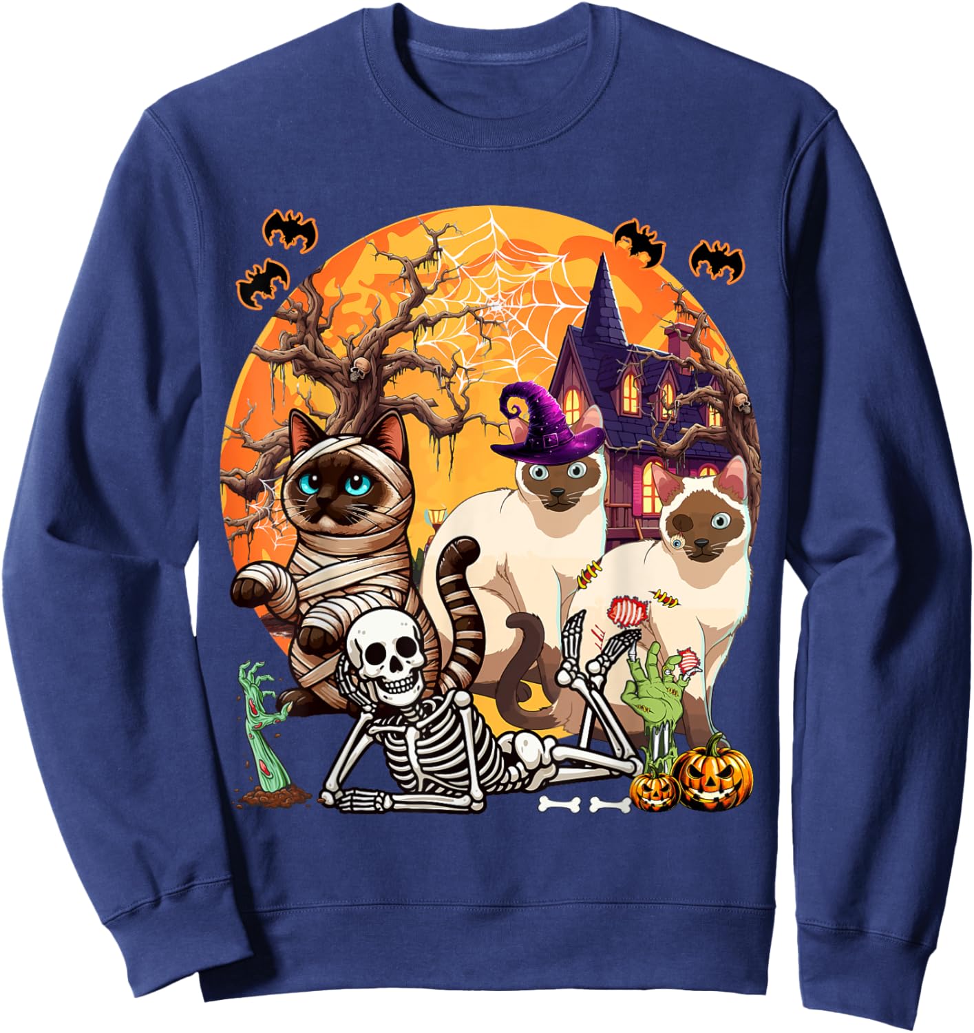 Three Horror Siamese Cats Cosplay Witch Halloween Skeleton Sweatshirt - Sweatshirt | Navy