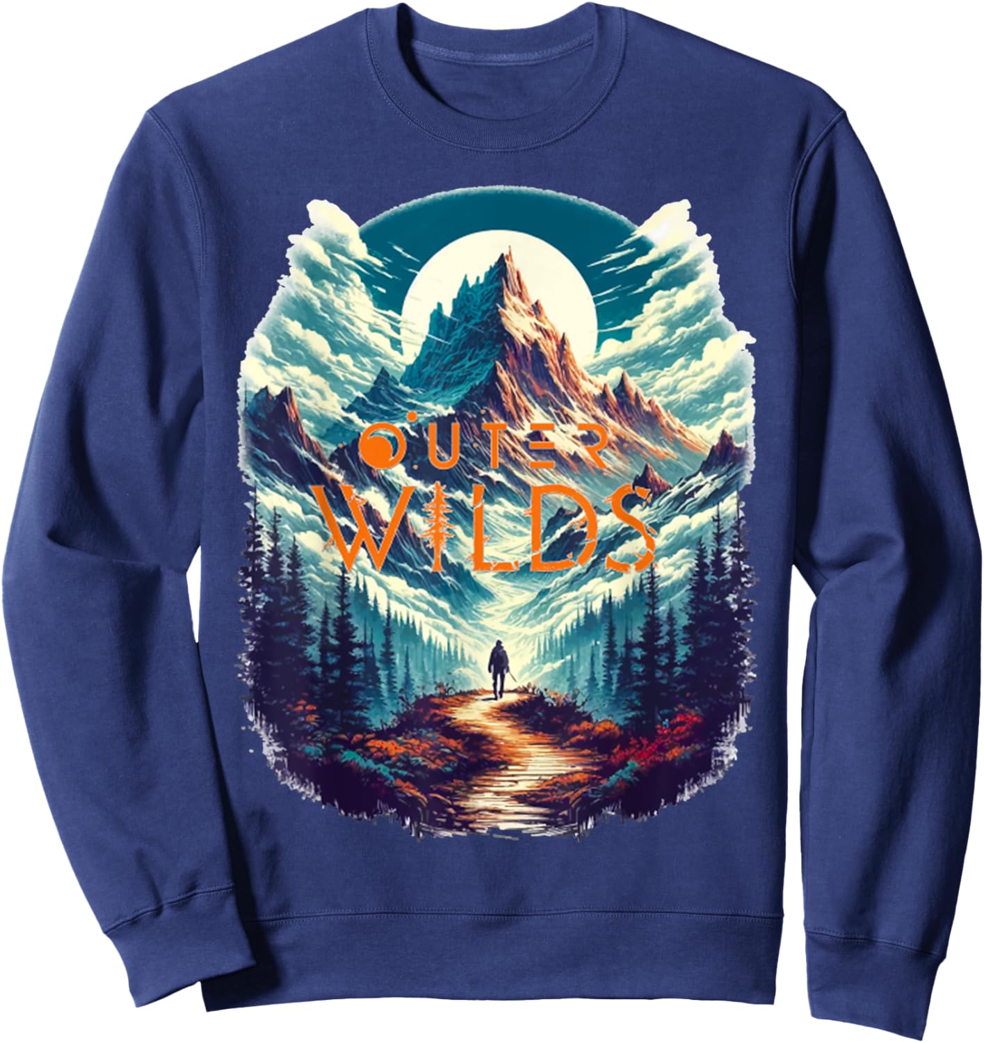 Retro Outer Wilds Text Moon Mountain Forest Tree House Sun Sweatshirt - Sweatshirt | Navy