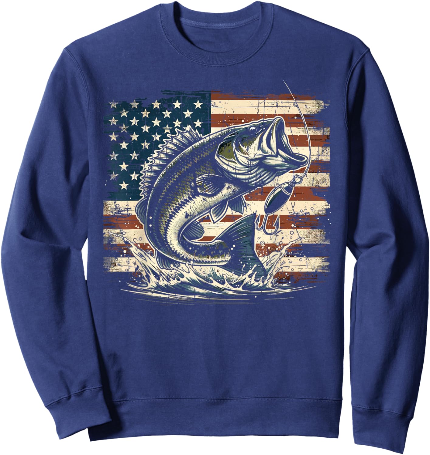 Fishing US American Flag Bass Fish Fisherman Sweatshirt - Sweatshirt | Navy