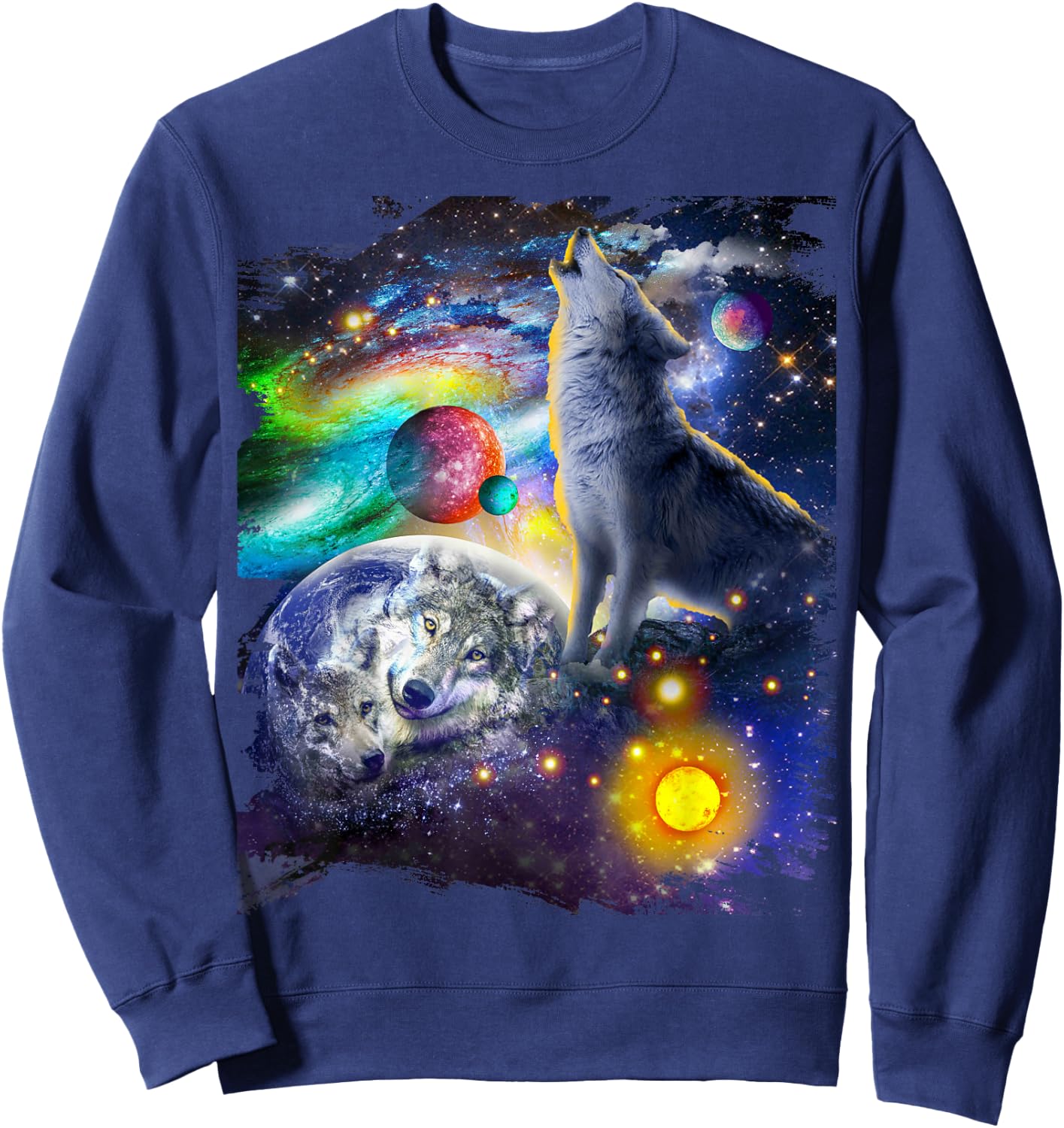 Cosmic Space Wolf, Wolves Family Howling, Reflections Sweatshirt - Sweatshirt | Navy