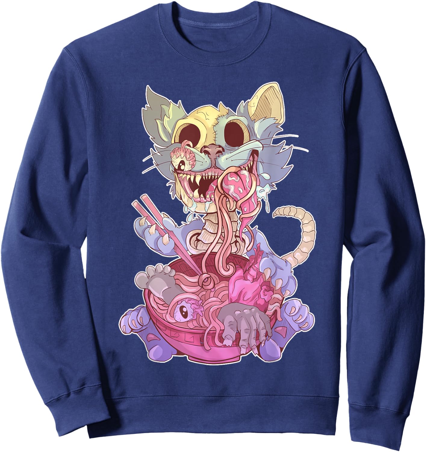 Ramen Shirt Pastel Goth Kawaii Weird Cat Eating Ramen Otaku Sweatshirt - Sweatshirt | Navy