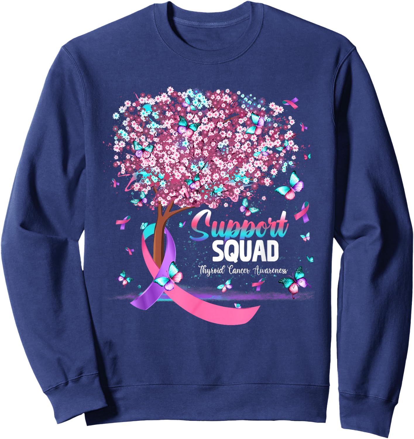 Support Squad Butterfly Purple Pink Ribbon Thyroid Cancer Sweatshirt - Sweatshirt | Navy