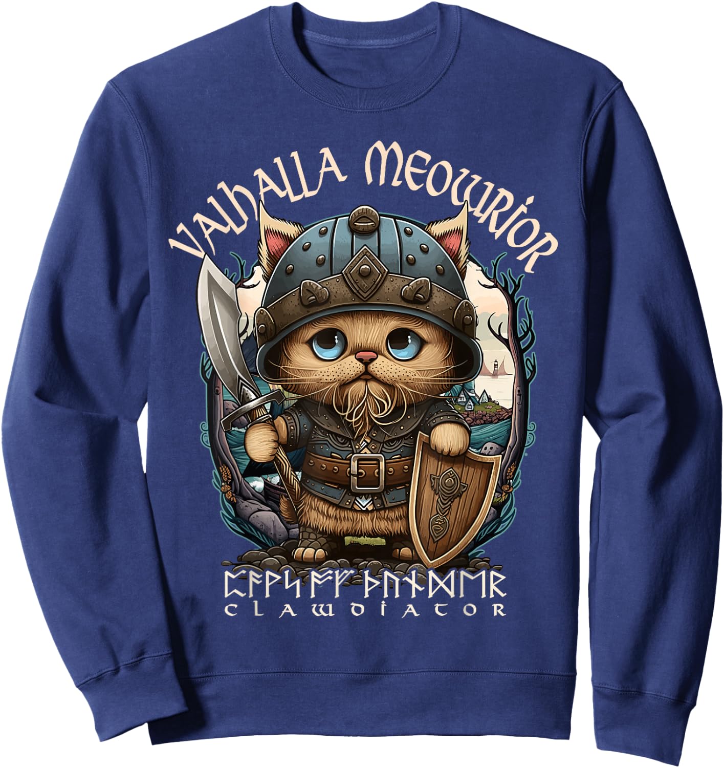Nordic Norse Valhalla Viking Cat Warrior Men Kids Sweatshirt - Sweatshirt | Navy