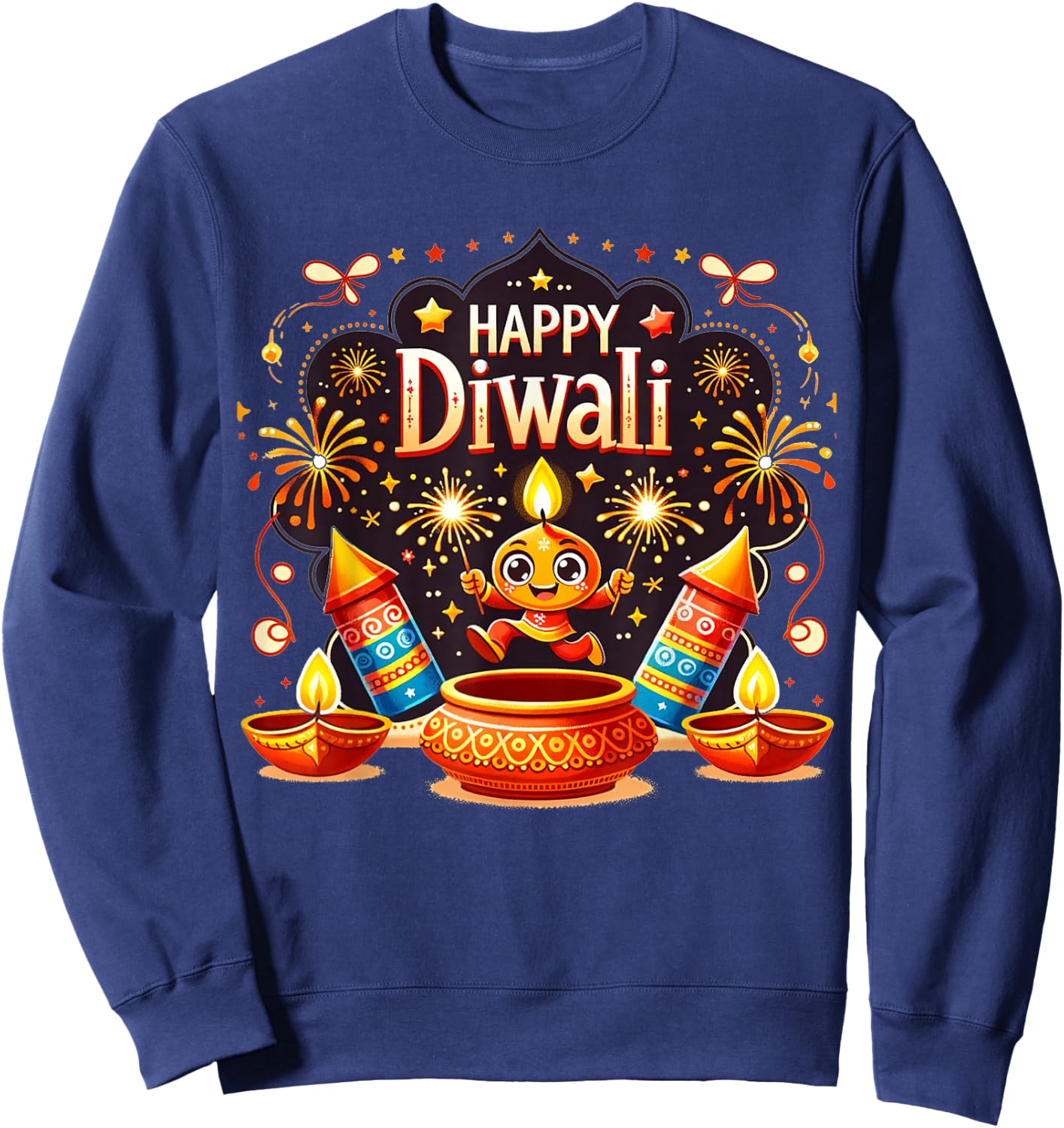 Happy Diwali: Dancing Diyas & Firecracker Candle Celebration Sweatshirt - Sweatshirt | Navy