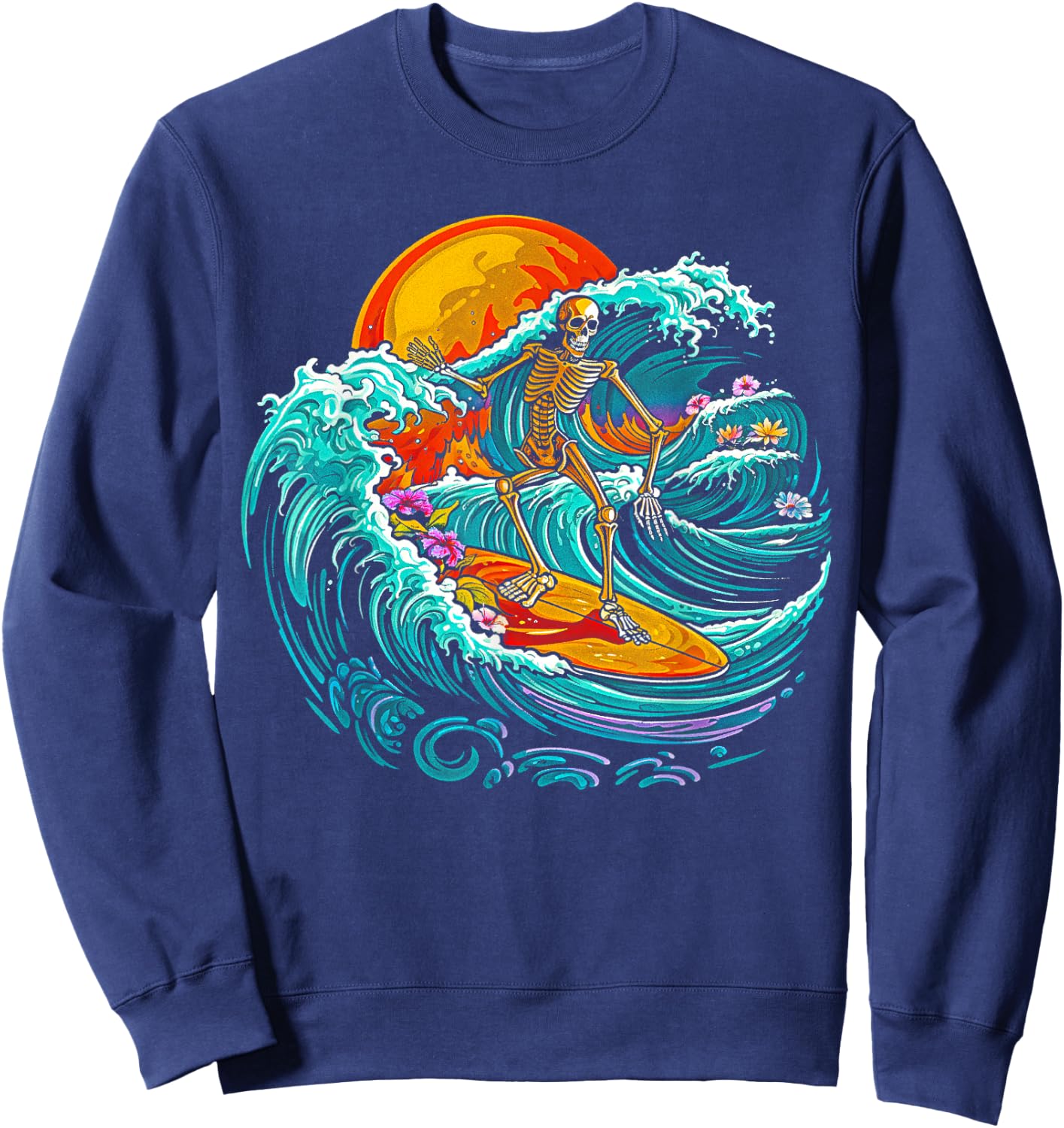 Skull Skeleton Surfer Wave Beach Vintage Funny 80s 80s Sweatshirt - Sweatshirt | Navy