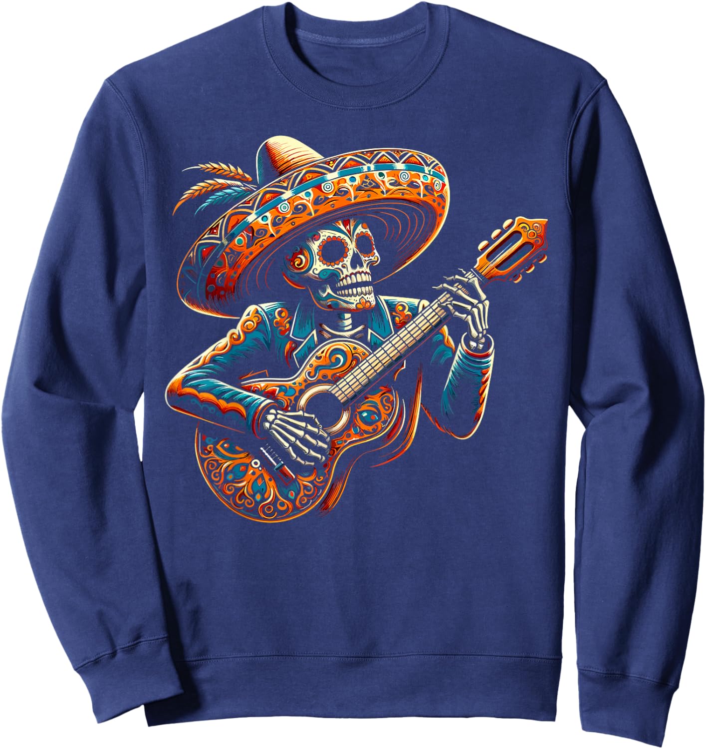 Funny Cinco De Mayo Skeleton Skull Fiesta Sombreros Guitar Sweatshirt - Sweatshirt | Navy