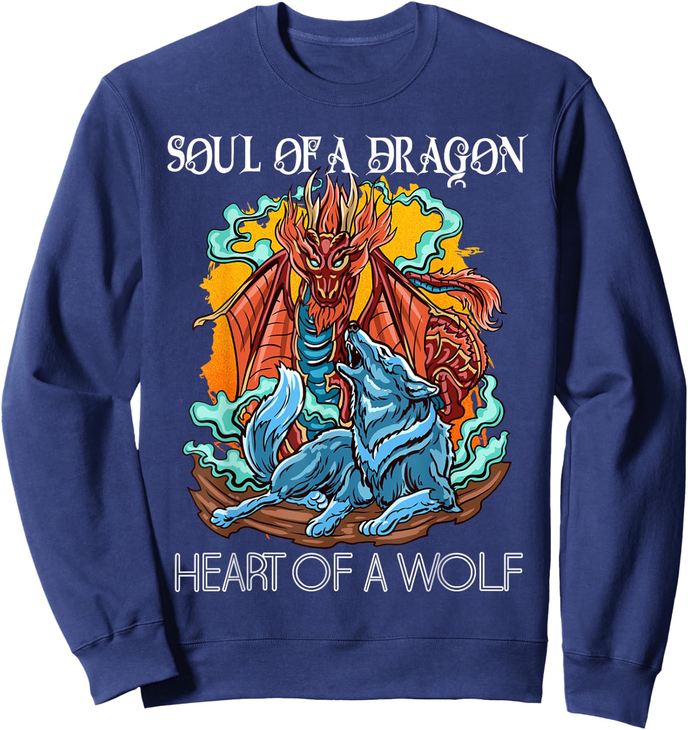 Heart of a Wolf Soul of a Dragon Goth Dragon and Wolf Sweatshirt - Sweatshirt | Navy