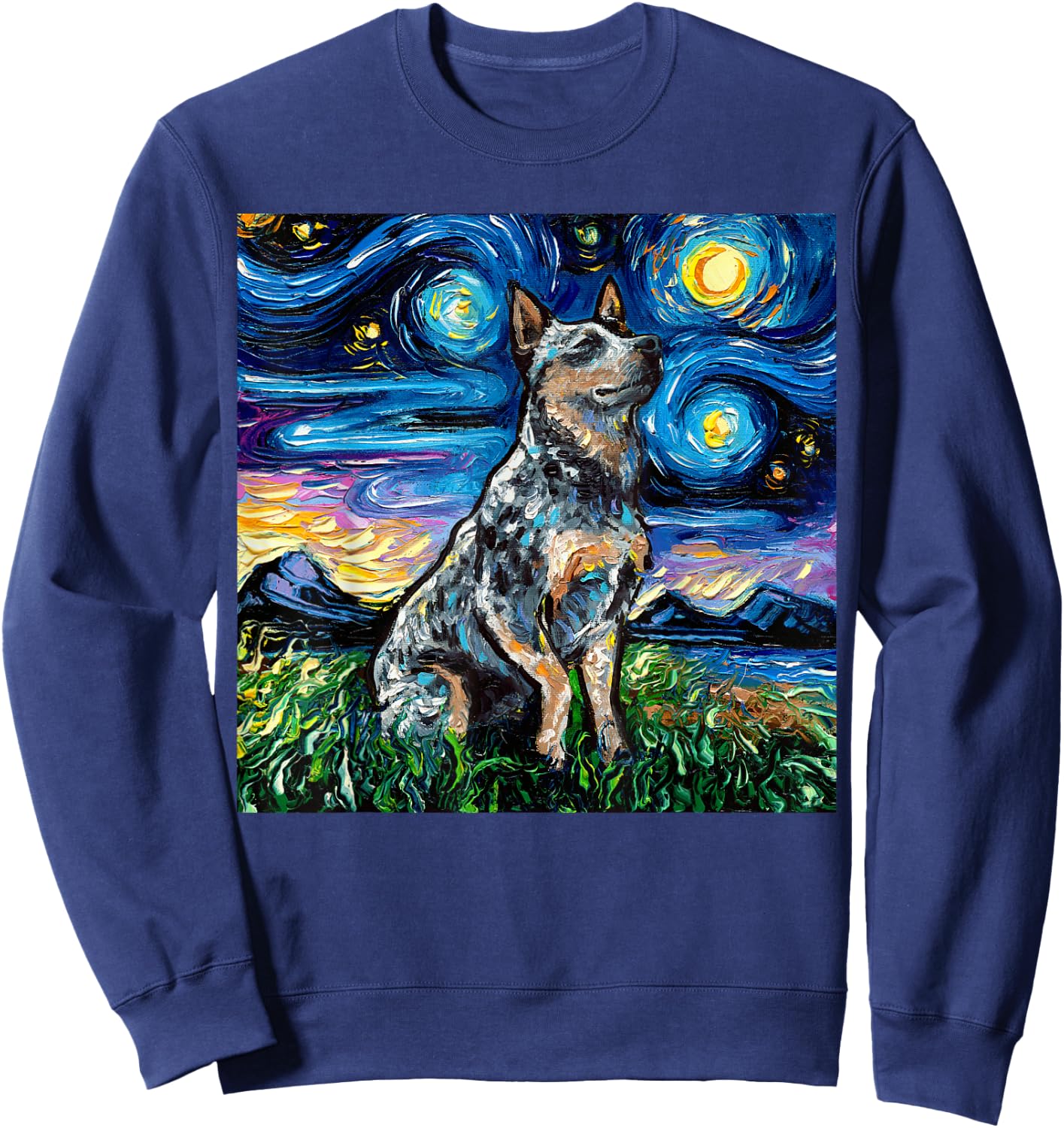 Blue Heeler Starry Night Australian Cattle Dog Art by Aja Sweatshirt - Sweatshirt | Navy
