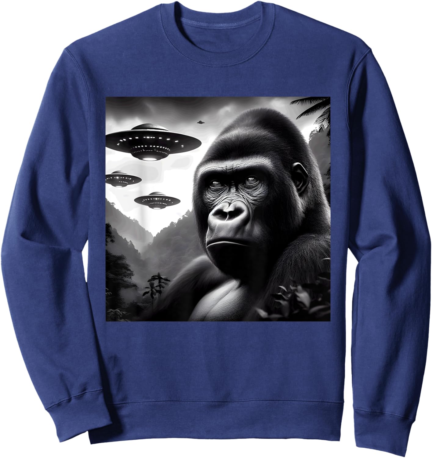 Gorilla Monkey Funny Graphic Selfie with UFOs Weird Aliens Sweatshirt - Sweatshirt | Navy