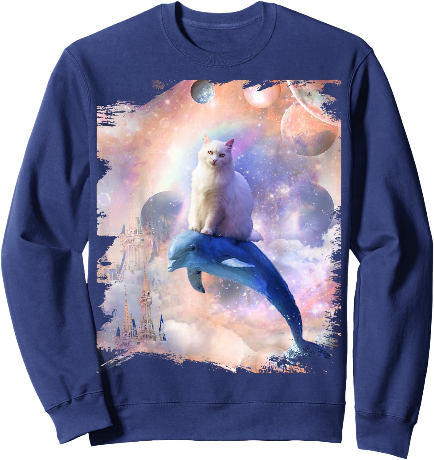 Space Cat Riding Dolphin Men Women Kids Sweatshirt - Sweatshirt | Navy