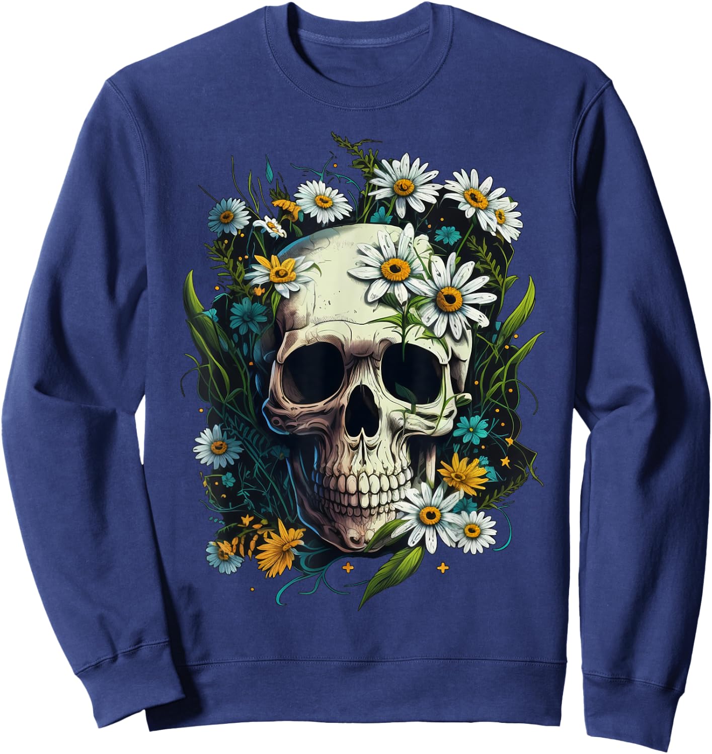 Floral Daisy Flower Skull on Skeleton Daisy Flower Sweatshirt - Sweatshirt | Navy