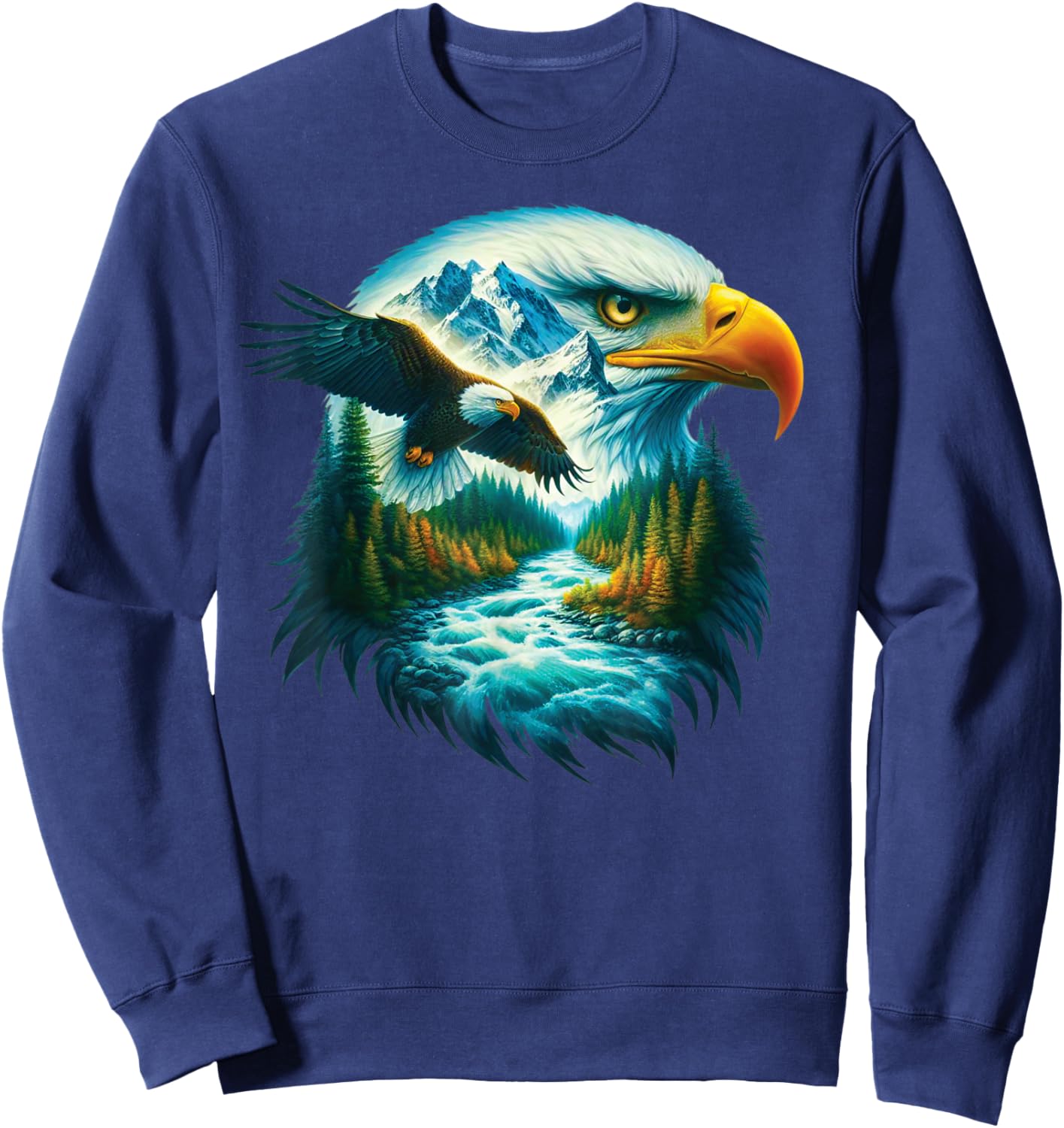 Eagle Wildlife Hiking Nature Outdoor Mountains Forest Art Sweatshirt - Sweatshirt | Navy