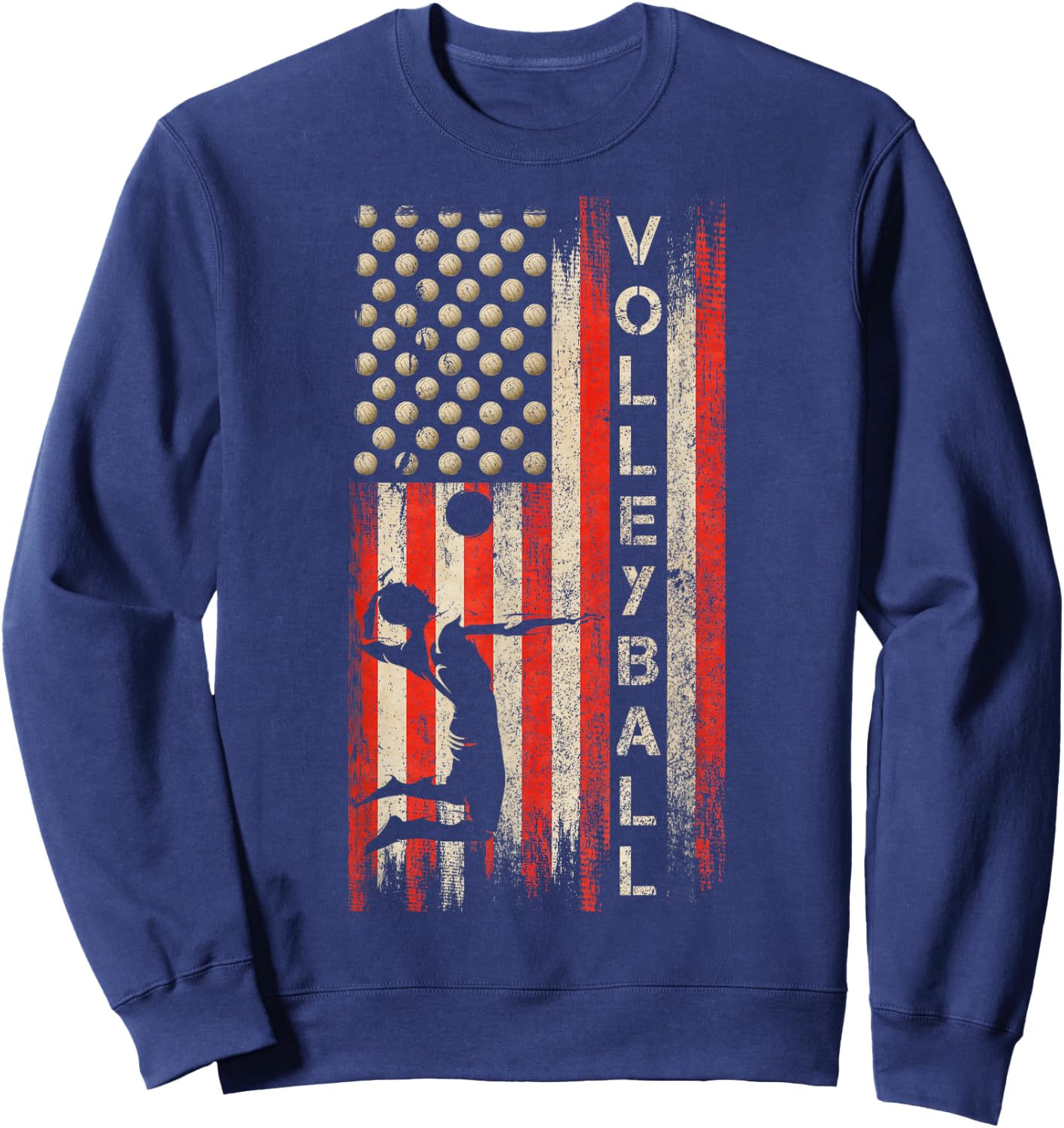 Vintage USA American Flag Volleyball Player Team Silhouette Sweatshirt - Sweatshirt | Navy