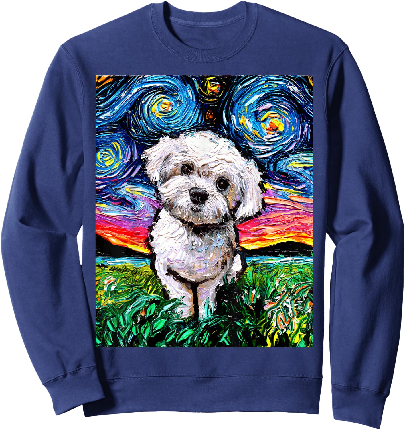 Maltipoo Starry Night White Maltese Poodle Dog Lover Artwork Sweatshirt - Sweatshirt | Navy