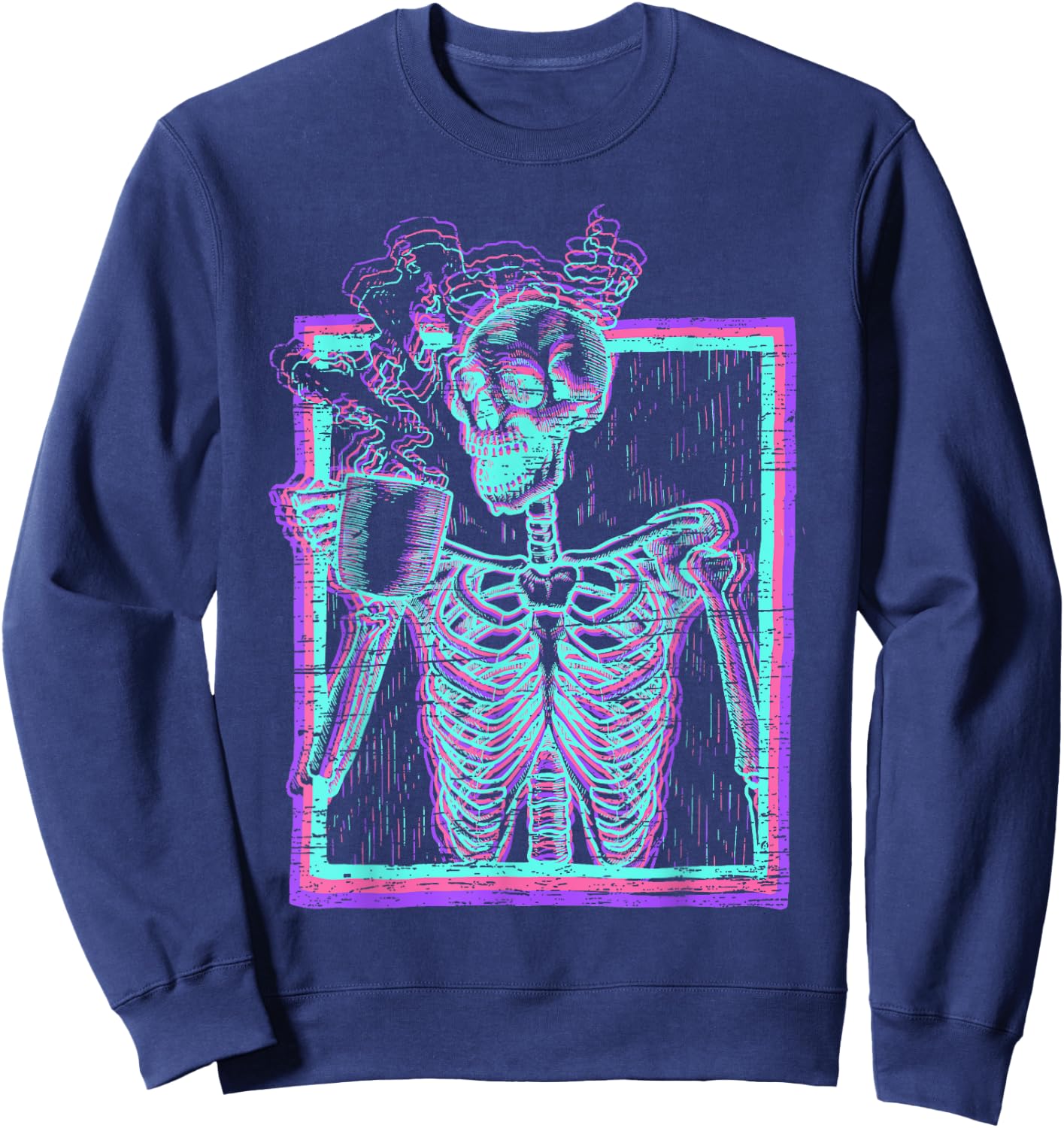 Distressed Synthwave Skeleton Vaporwave Smiling Skull Coffee Sweatshirt - Sweatshirt | Navy