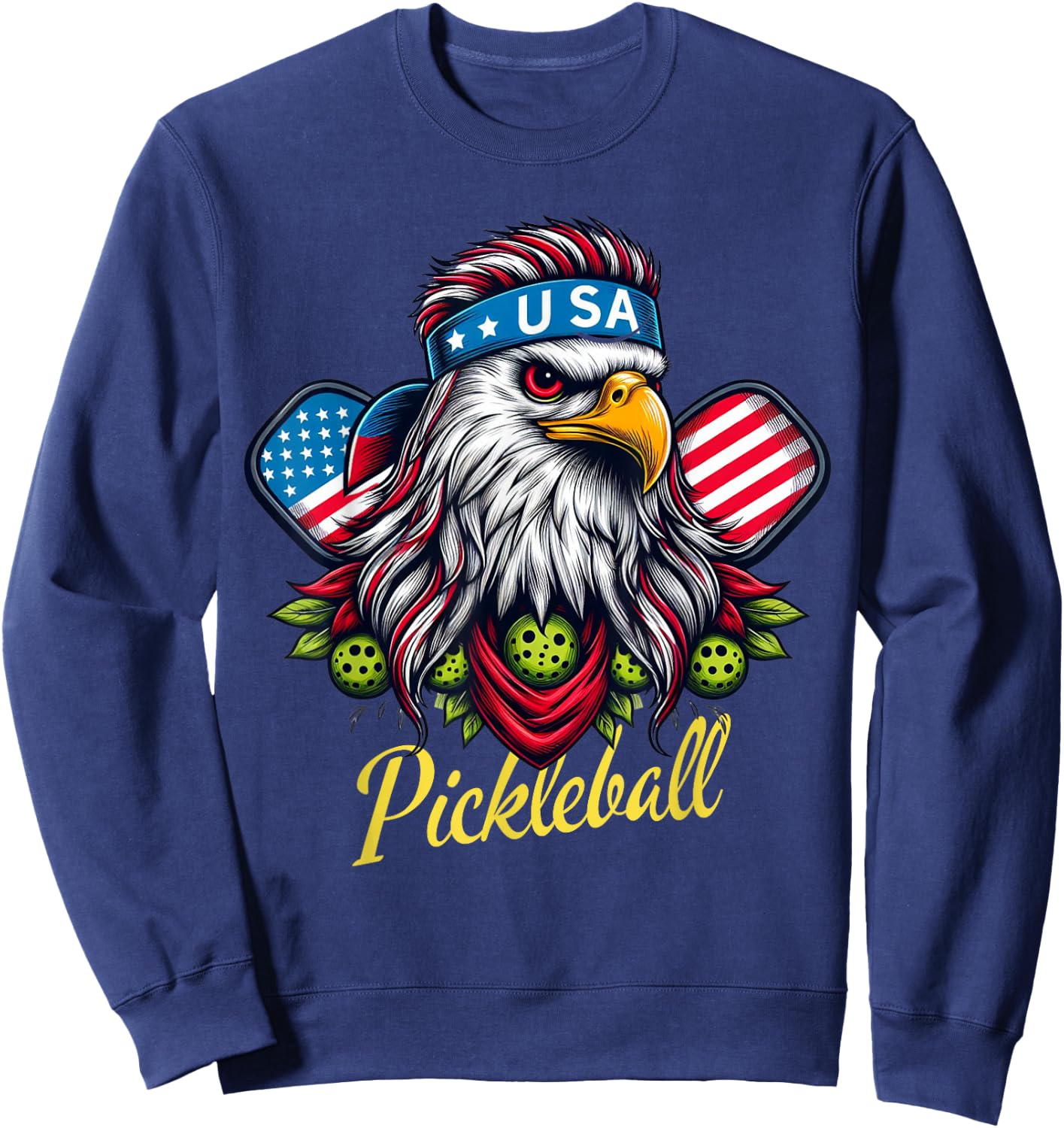 Eagle Mullet Pickleball Lovers 4th of July USA American Flag Sweatshirt - Sweatshirt | Navy