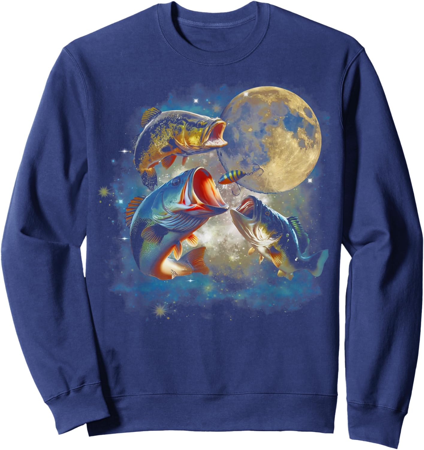 Vintage 90s Largemouth Bass Moon Retro Fisherman Fishing Sweatshirt - Sweatshirt | Navy
