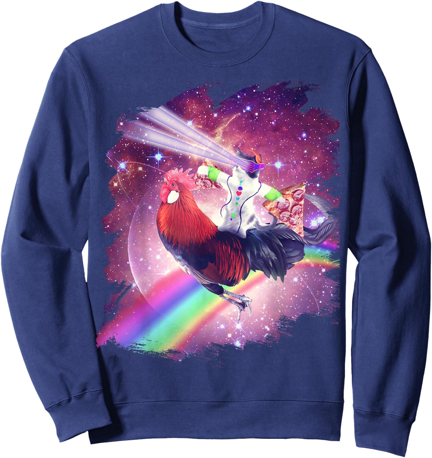Lazer Rave Space Cat Riding Chicken With Pizza Sweatshirt - Sweatshirt | Navy