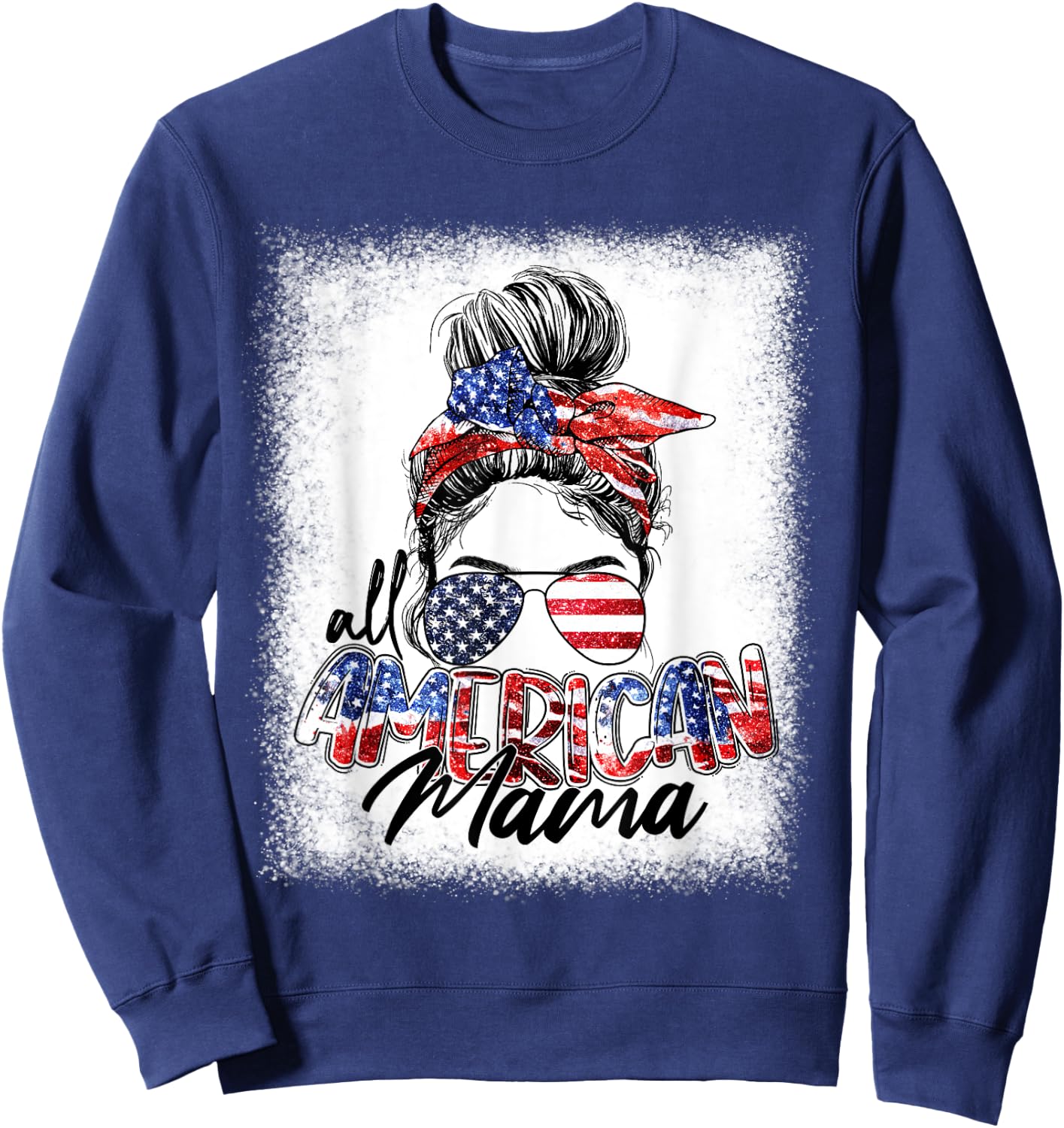 All American Mama Messy Bun Hair Style American Flag Sweatshirt - Sweatshirt | Navy