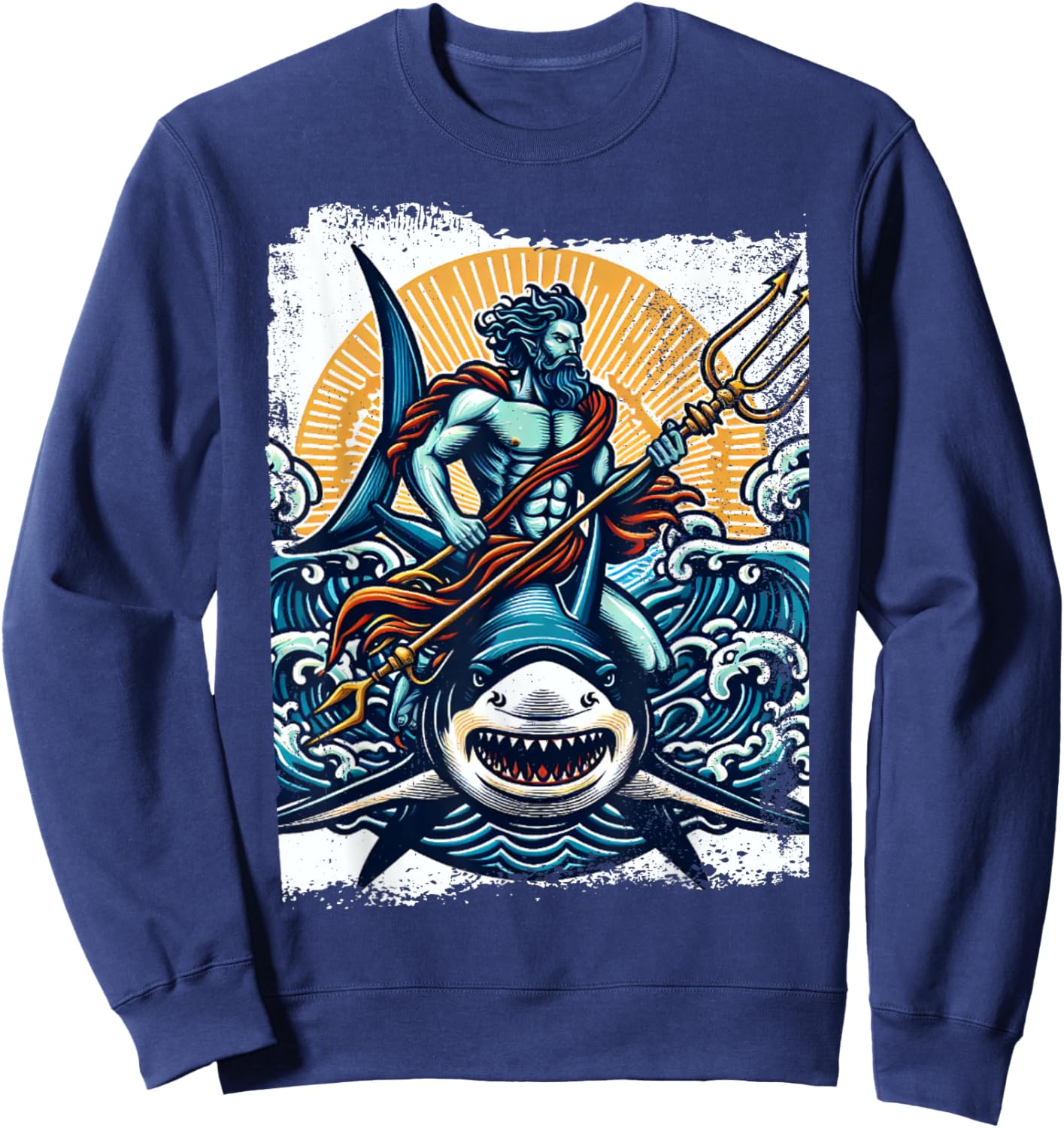 Poseidon Riding Shark Trident Costume Ancient Greek God Sweatshirt - Sweatshirt | Navy