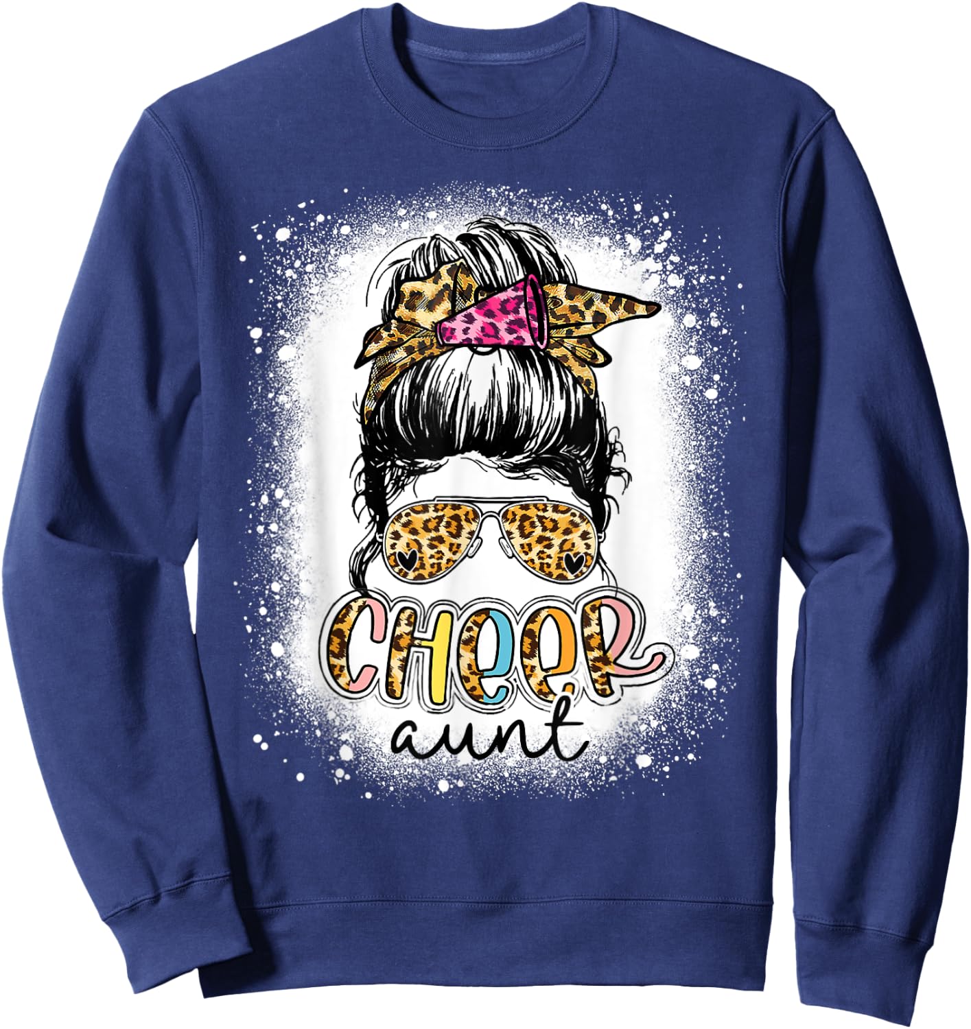 Cheer Aunt Leopard Messy Bun Cheerleader Mothers Day Funny Sweatshirt - Sweatshirt | Navy