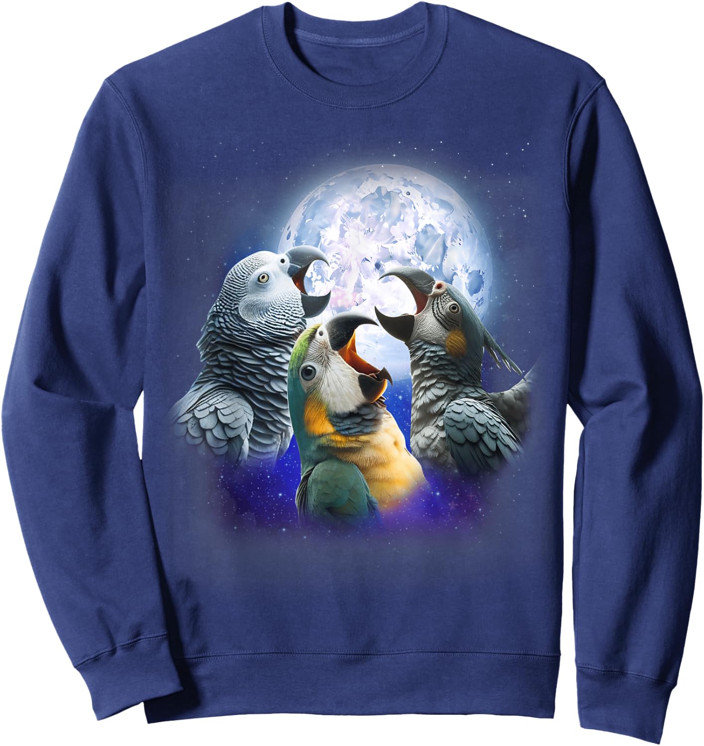 3 Parrots Howling At The Moon Funny African Grey Parrot Bird Sweatshirt - Sweatshirt | Navy
