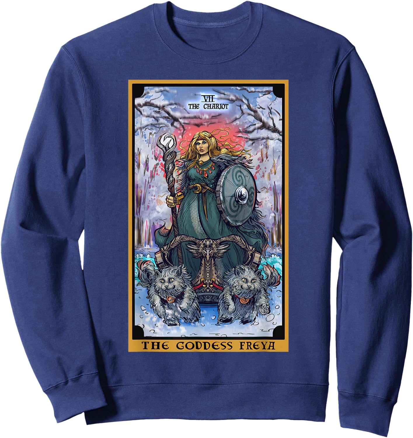 The Goddess Freyja The Chariot Tarot Card Norse Pagan Witch Sweatshirt - Sweatshirt | Navy