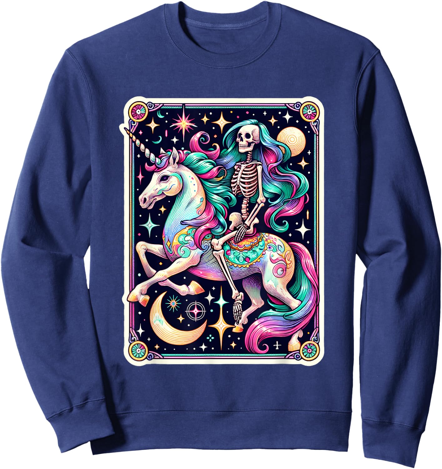 Skeleton Riding Unicorn Tarot Card Celestial Fantasy Art Sweatshirt - Sweatshirt | Navy