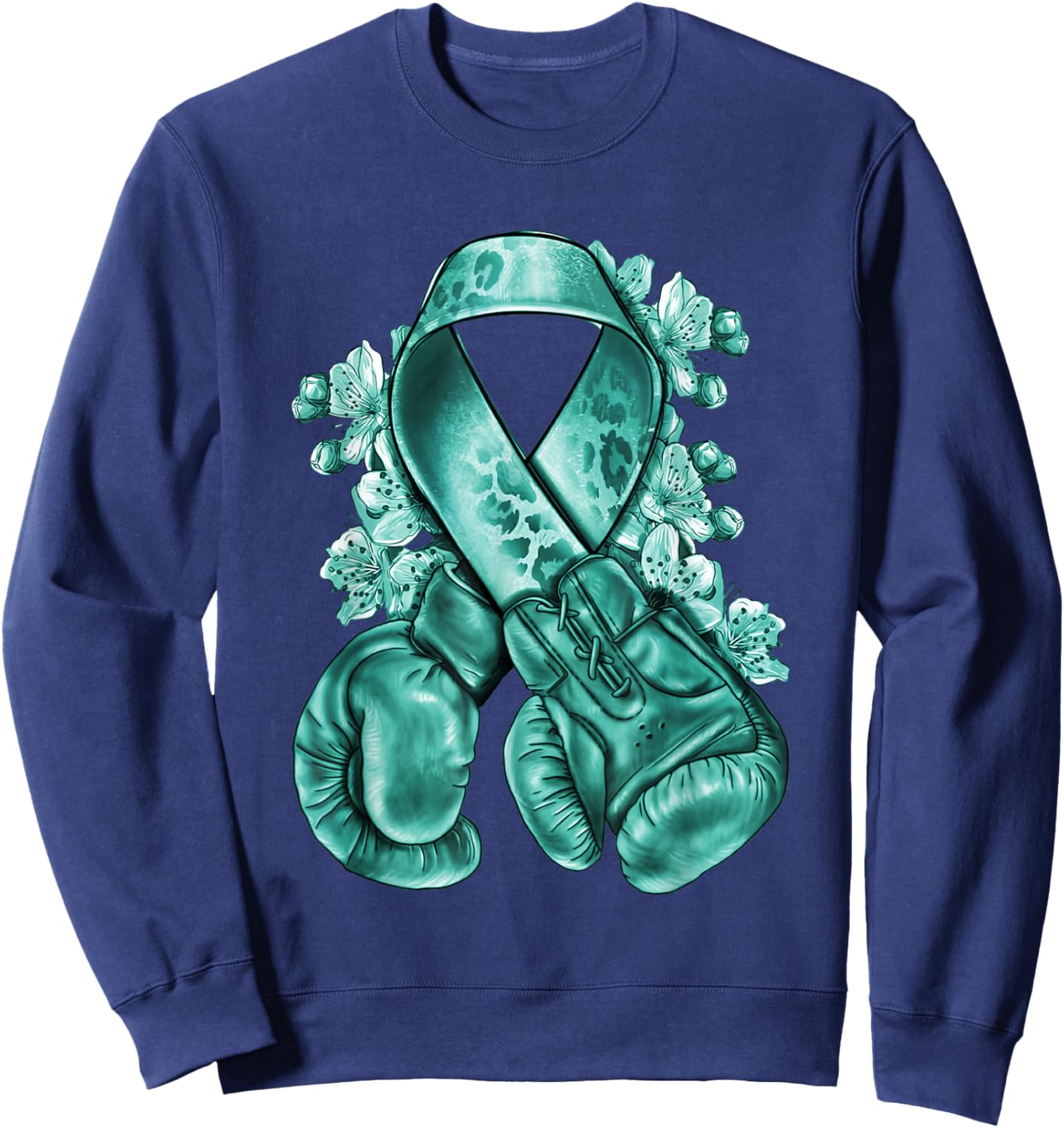 Ovarian Cancer teal ribbon with boxing gloves Awareness Sweatshirt - Sweatshirt | Navy