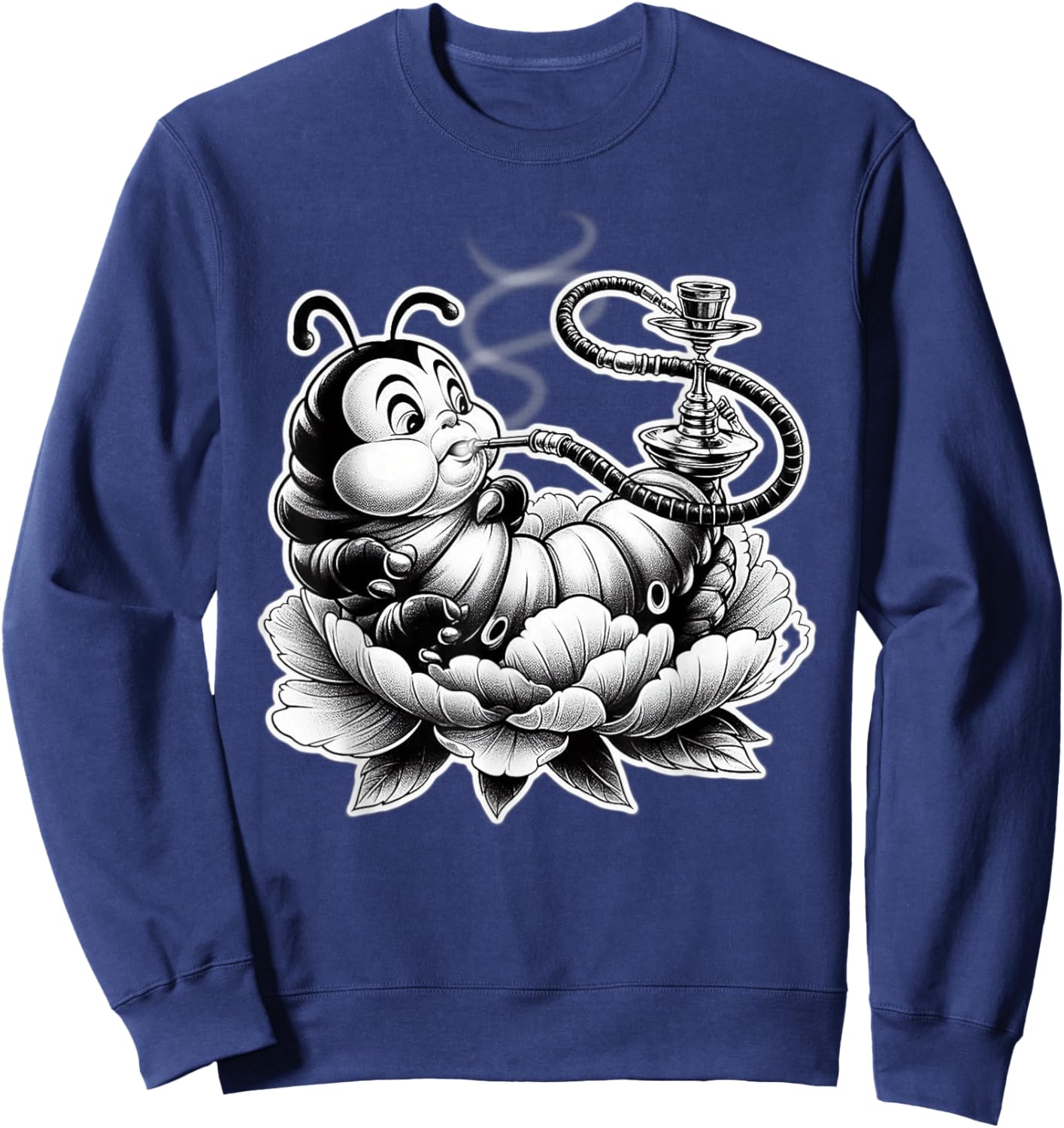 Caterpillar Smoking Hookah on Flower Blackwork Sweatshirt - Sweatshirt | Navy