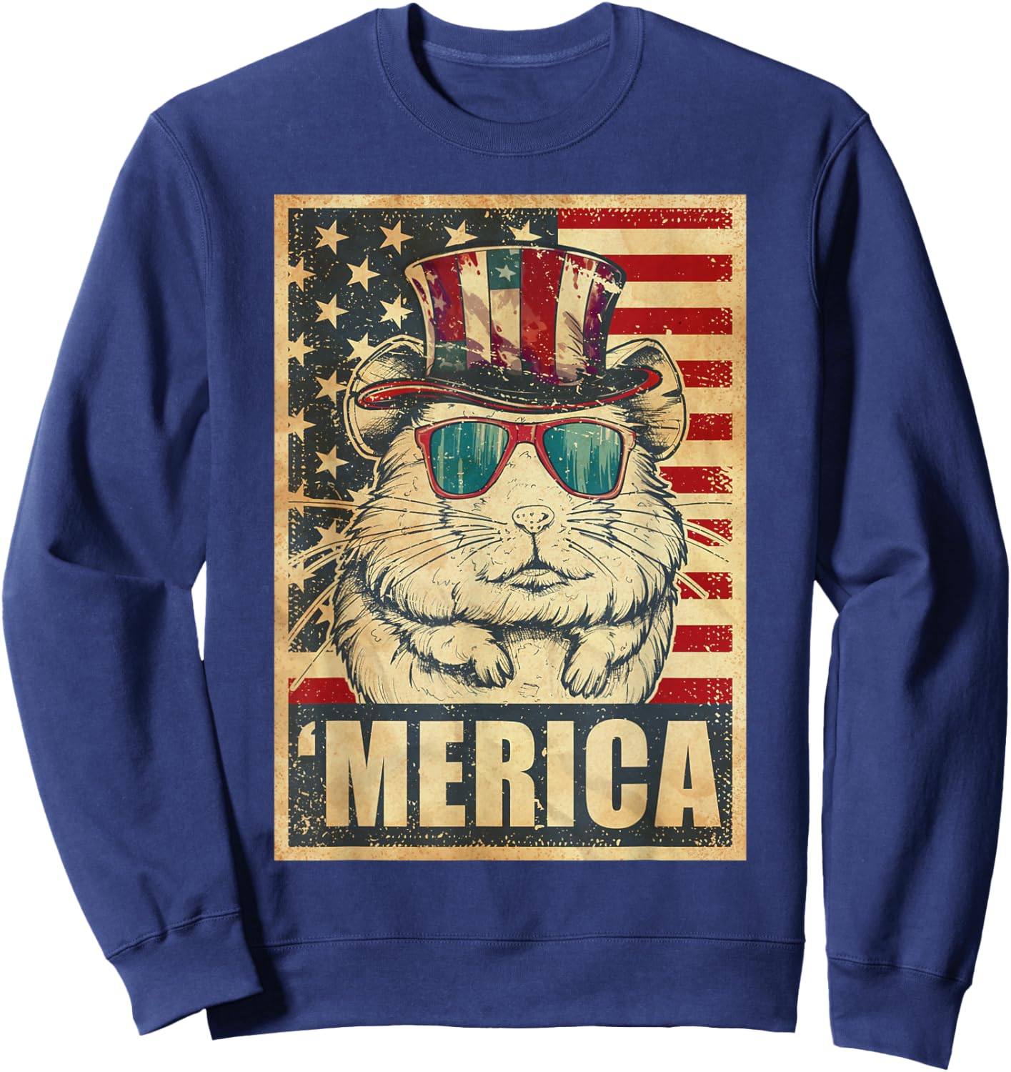 Hamster Merica Vintage American Flag 4th Of July Kids Men Sweatshirt - Sweatshirt | Navy