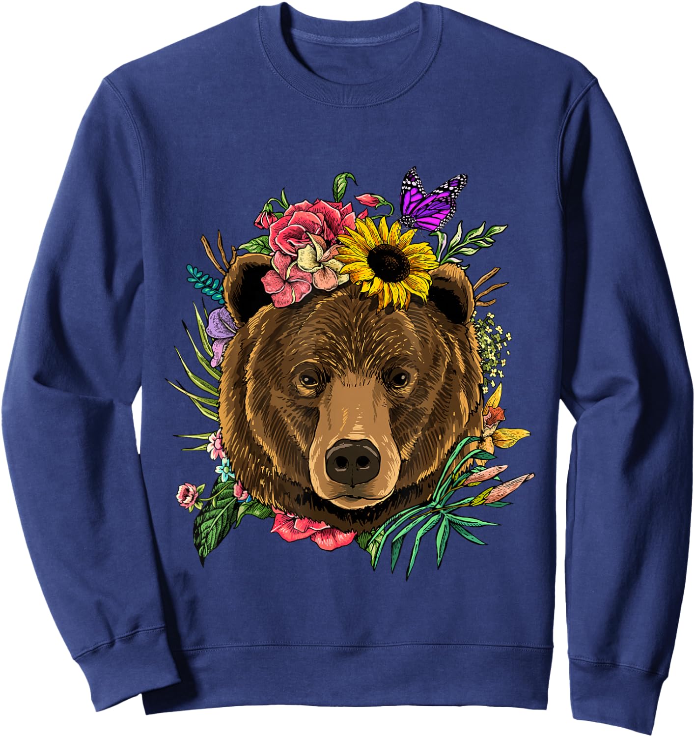 Bear Shirt Nature Floral Grizzly Bear Face Animal Bear Lover Sweatshirt - Sweatshirt | Navy