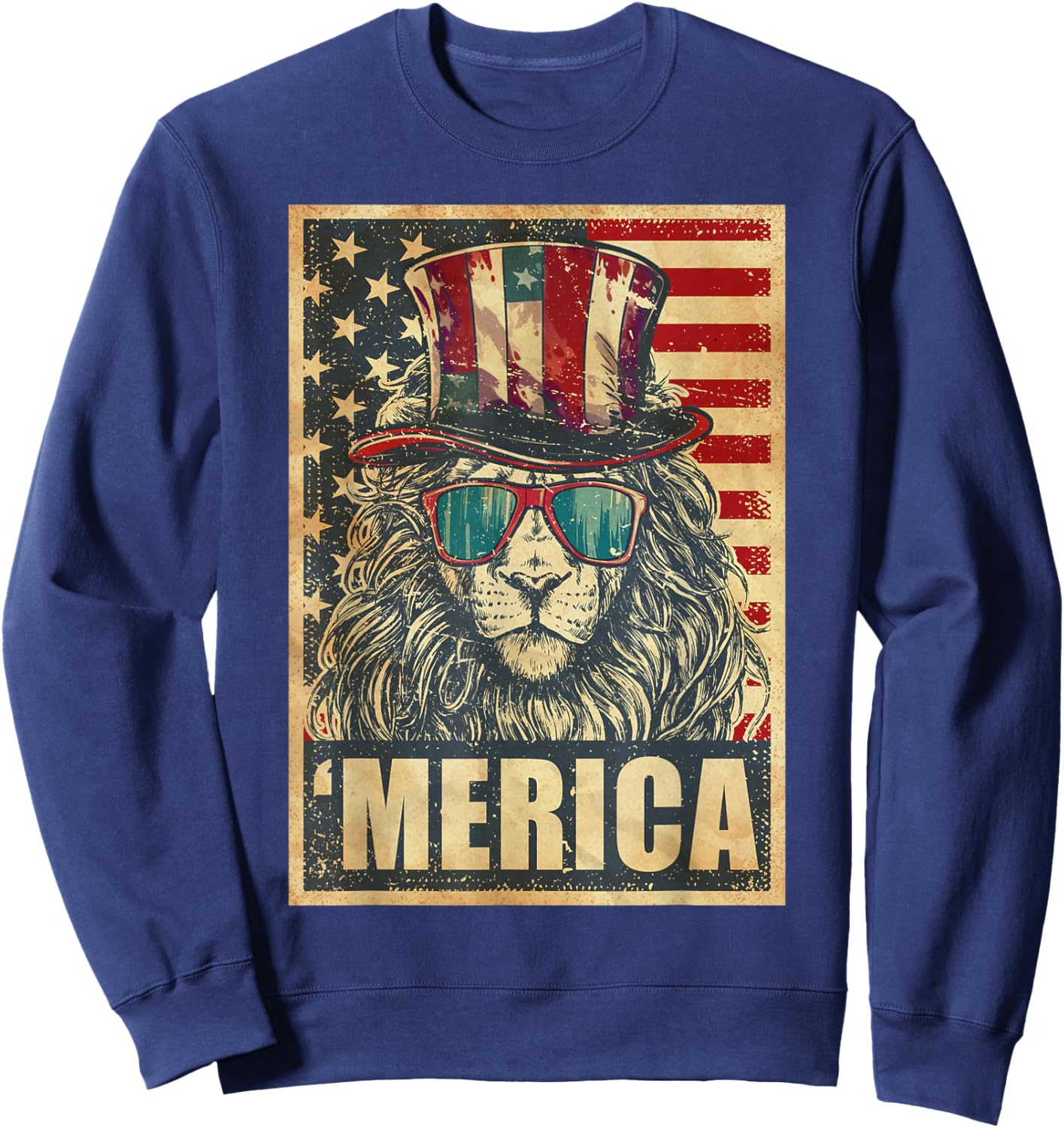 Lion Merica Vintage American Flag 4th Of July Sweatshirt - Sweatshirt | Navy