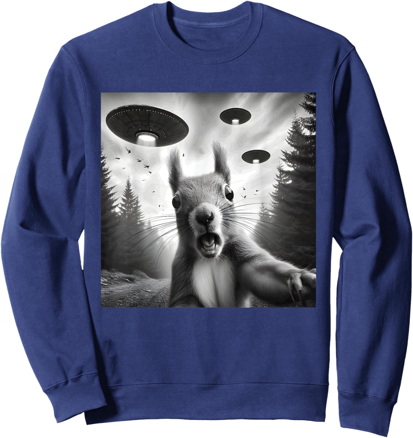 Squirrel Sci-Fi Funny Graphic Selfie with UFOs Weird Aliens Sweatshirt - Sweatshirt | Navy